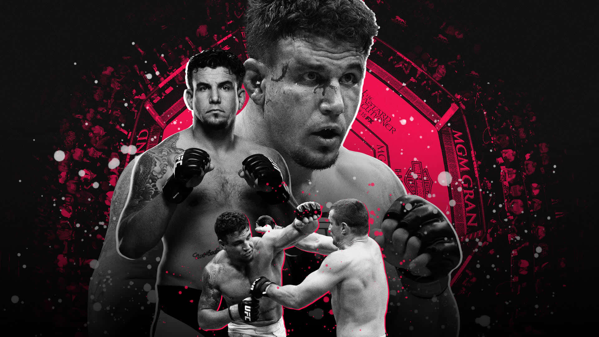 MMA 桌布 壁紙 — 兩位MMA拳手在一個帶有血跡和競技場品牌的粗糙黑紅圖形設計中交鋒。