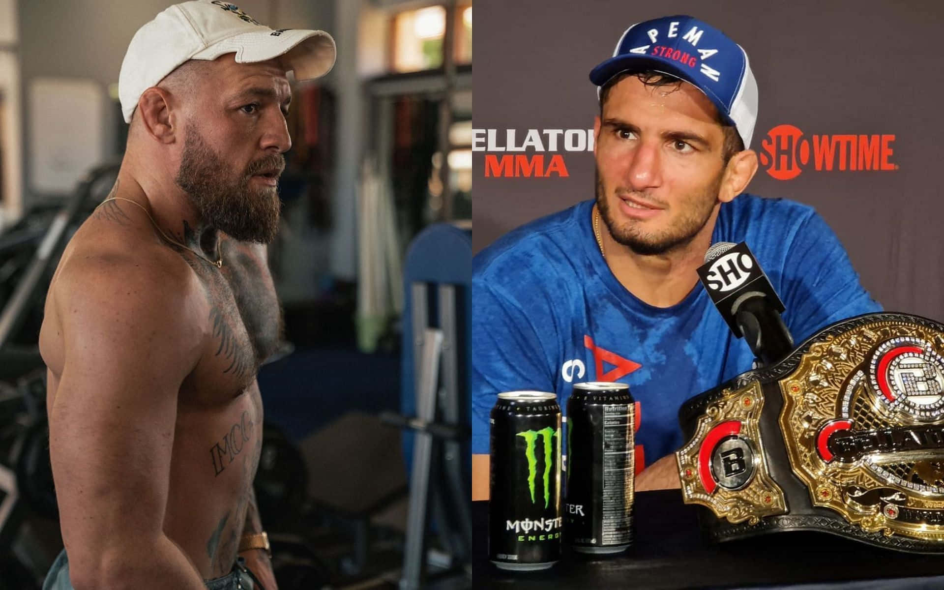 UFC 桌布 壁紙 — 兩位MMA拳手在分割畫面中對決：一位在健身房赤裸上身，另一位在新聞發布會上戴著冠軍腰帶。