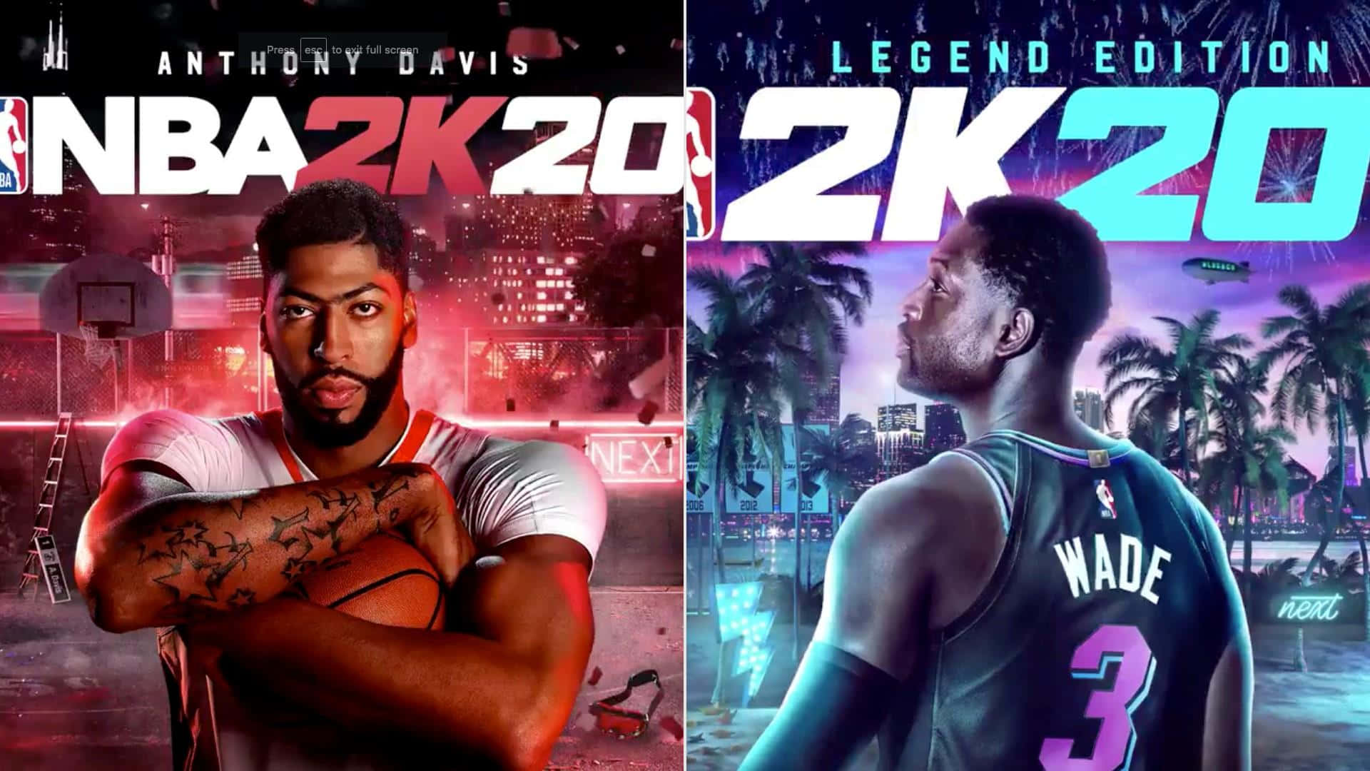 NBA Teams 桌布 壁紙 — 兩位NBA 2K20封面運動員安東尼·戴維斯和德維恩·韋德在充滿活力的城市背景下擺姿勢，背景有霓虹燈和棕櫚樹。