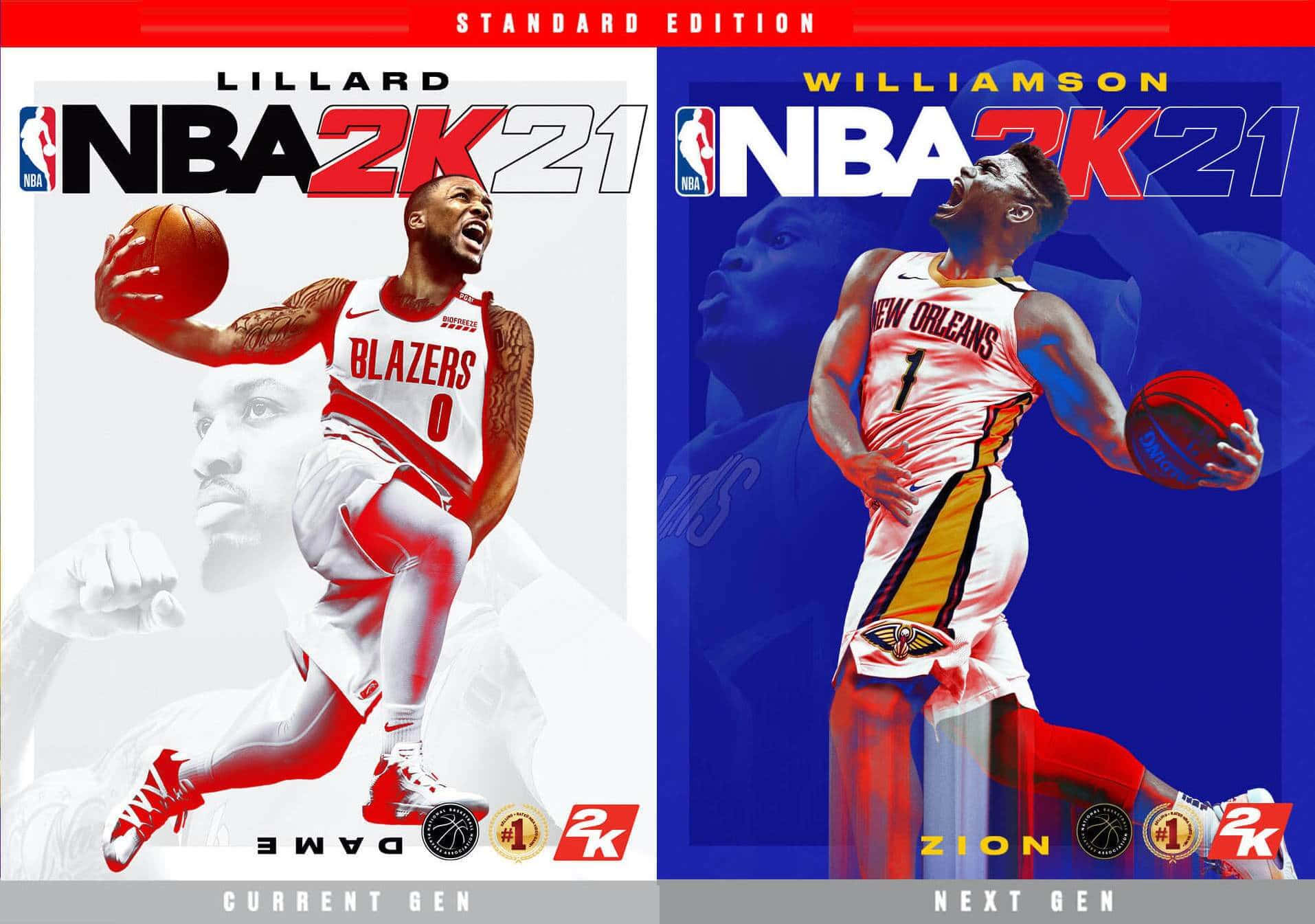 NBA 2k21 桌布 壁紙 — 兩位NBA 2K21封面運動員以動態姿勢呈現，一位身穿紅、白、黑色，另一位身穿藍、白、金色。