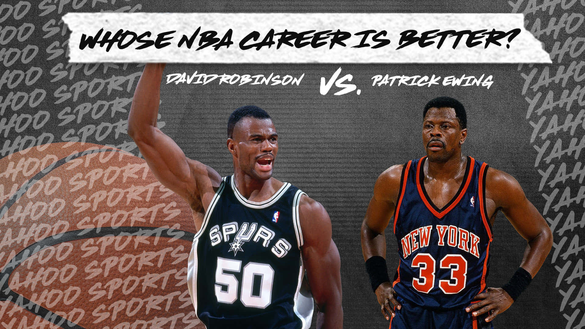 NBA 桌布 壁紙 — 兩位NBA傳奇人物大衛·羅賓遜和帕特里克·尤因穿著他們的標誌性球衣，在Yahoo Sports品牌背景前對決。