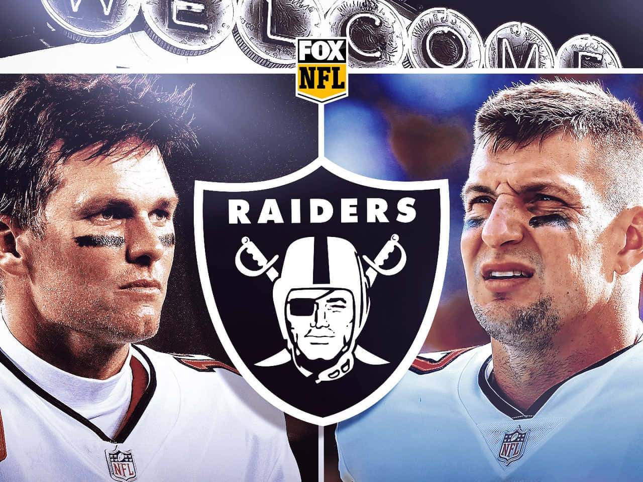 突襲者 桌布 壁紙 — 兩位NFL四分衛在'WELCOME'硬幣橫幅下對峙，兩旁是Raiders標誌。