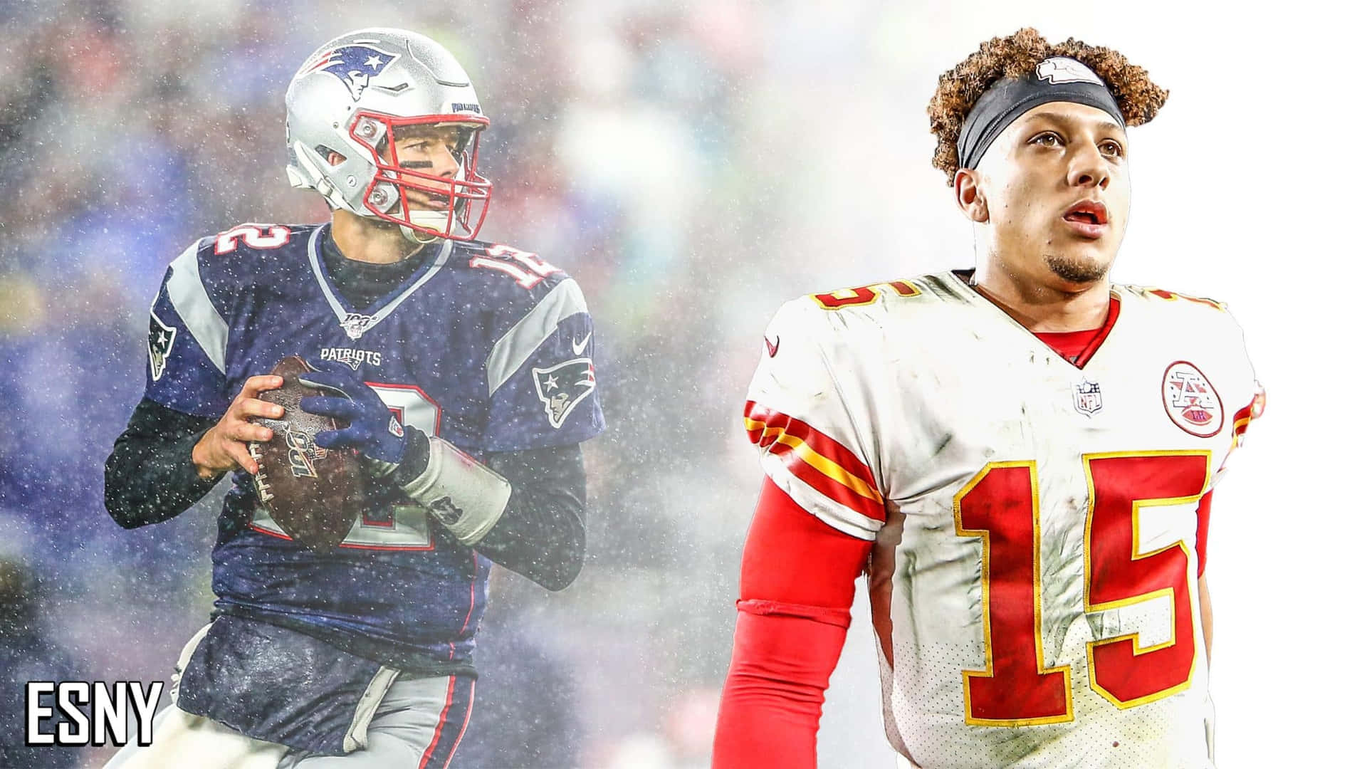 兩位NFL四分衛身穿比賽制服，一位身穿愛國者隊裝備，另一位身穿酋長隊裝備，兩人都正在比賽中。 — 派翠克·馬霍姆斯 GIF 壁紙