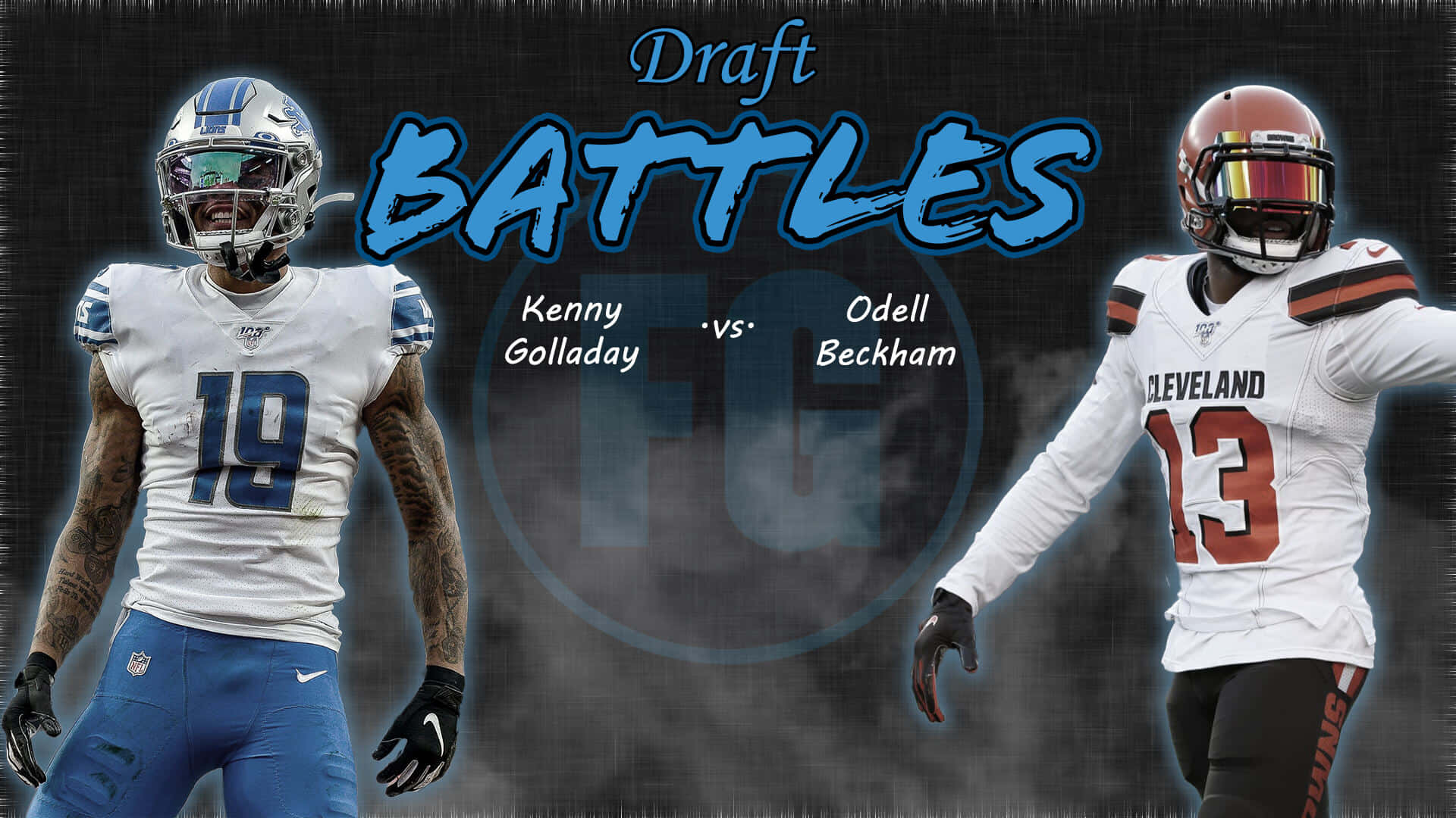 足球 桌布 壁紙 — 兩位NFL外接手Kenny Golladay和Odell Beckham Jr.在一個帶有粗體藍色文字和煙霧背景的戲劇性選秀對決圖形中對峙。