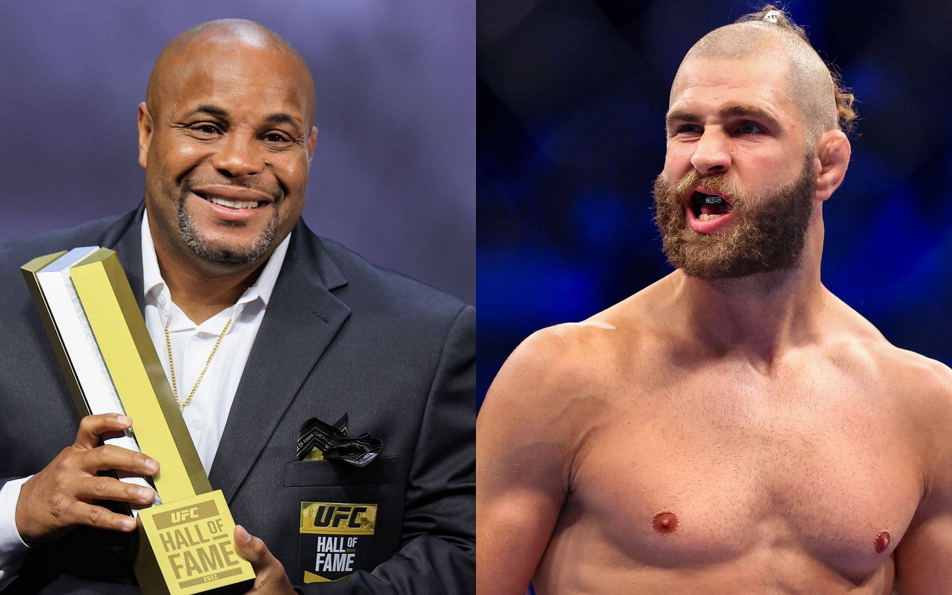UFC 桌布 壁紙 — 兩位UFC傳奇人物獲慶祝：一位微笑著手持名人堂獎盃，另一位在八角籠中赤裸上身咆哮。