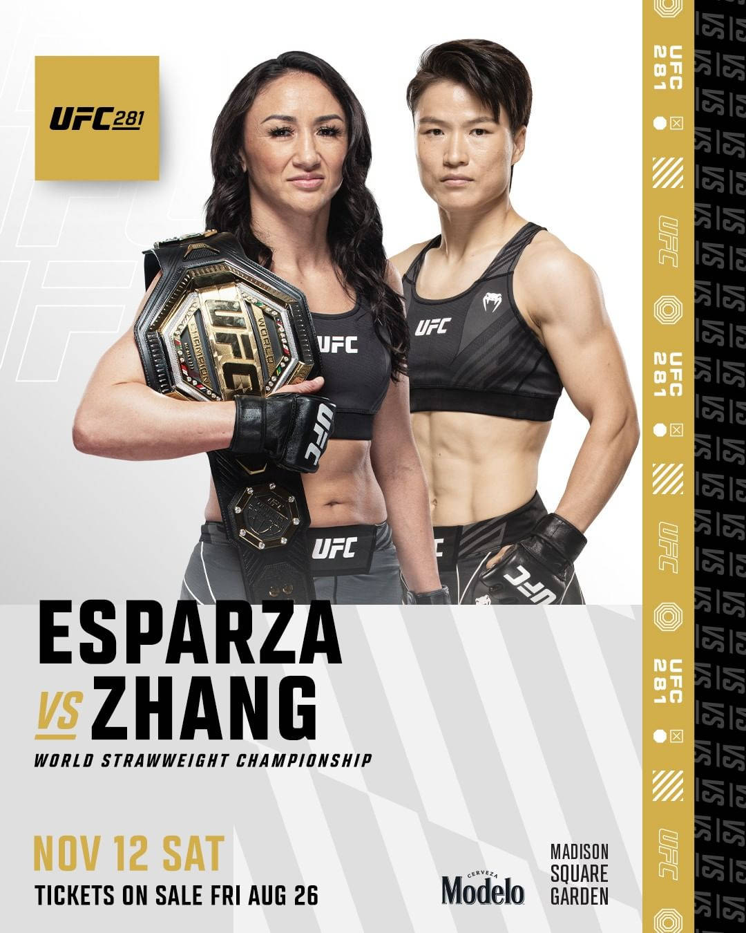 MMA 桌布 壁紙 — 兩位UFC女拳手自信地擺姿勢，其中一位手持冠軍腰帶，背景為品牌宣傳背景。