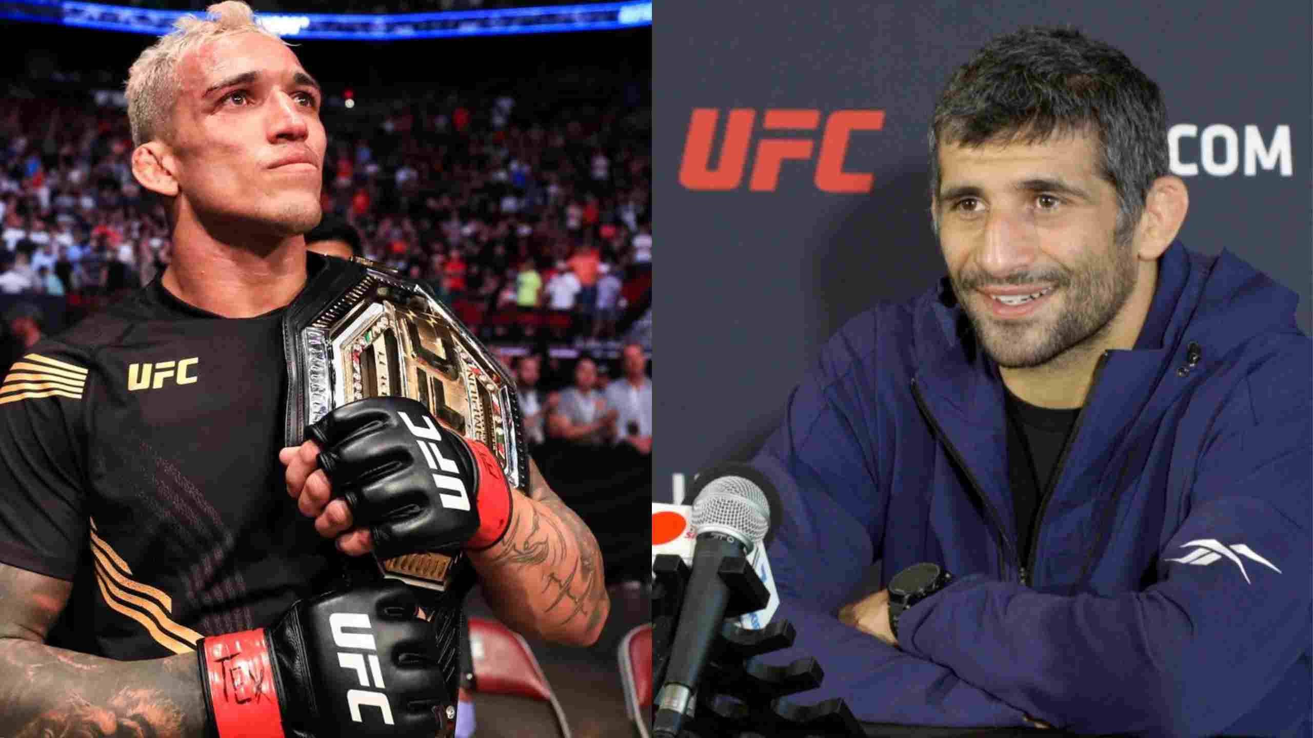 MMA 桌布 壁紙 — 兩位UFC拳手，一位在場館中手持冠軍腰帶，另一位在記者會上微笑。