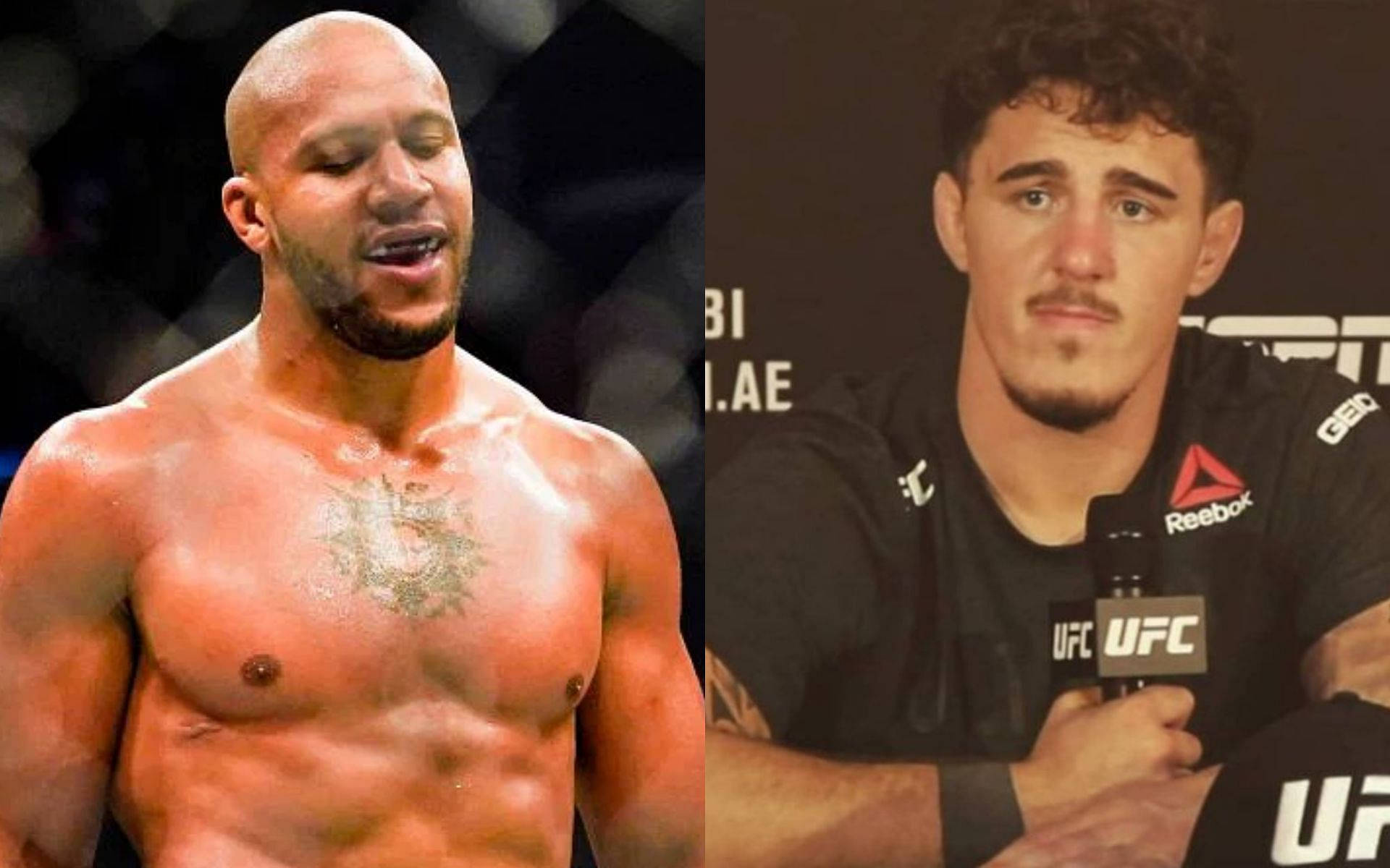 UFC 桌布 壁紙 — 兩位UFC拳手，一位汗流浹背、笑容滿面地在八角籠中，另一位在記者會上嚴肅地拿著麥克風。