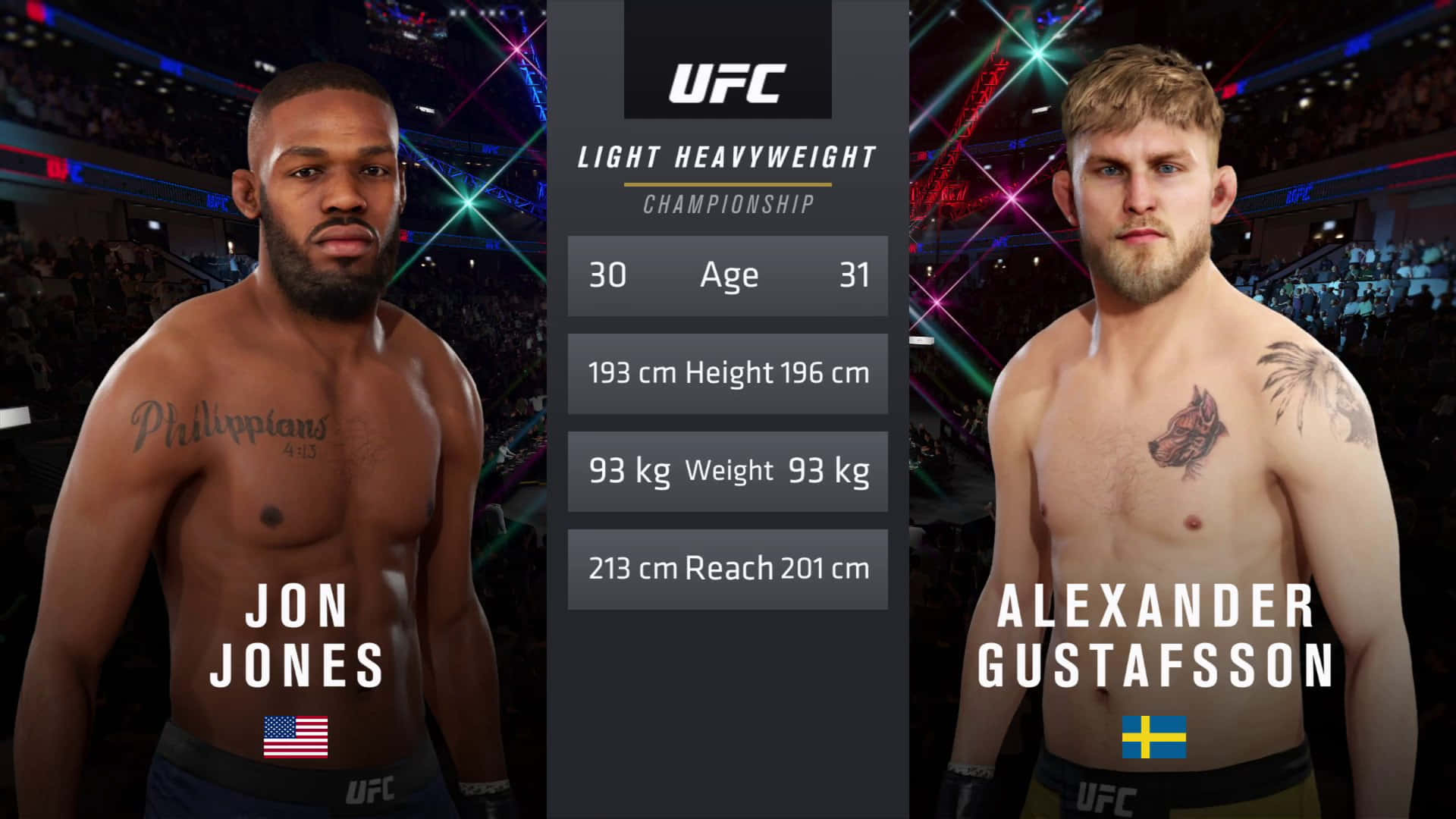 UFC 桌布 壁紙 — 兩位UFC拳手Jon Jones和Alexander Gustafsson在輕重量級冠軍對決中正面交鋒，兩人之間顯示統計數據。