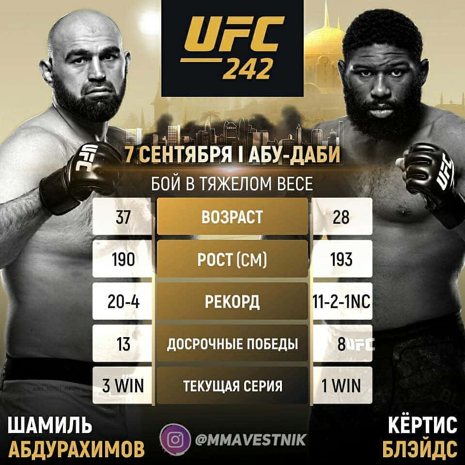 UFC 桌布 壁紙 — 兩位UFC拳手在UFC 242的宣傳海報中對峙，附有統計數據和阿布達比場地詳情。