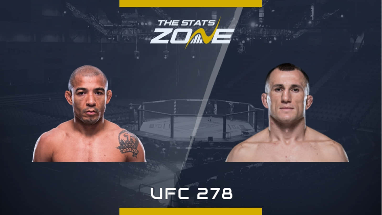 桌布 壁紙 — 兩位UFC拳手在UFC 278的宣傳圖像中對峙，背景為黑暗的競技場，並帶有醒目的黃色點綴。