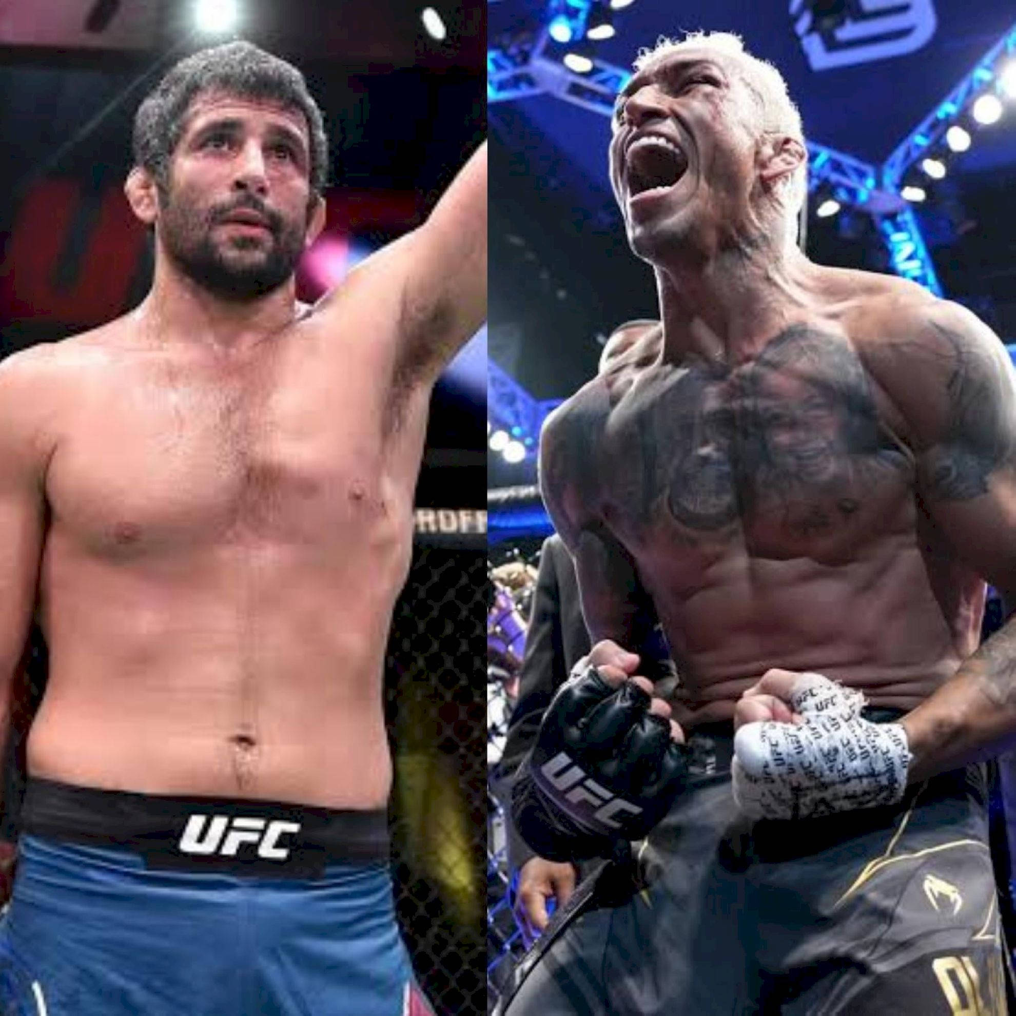 MMA 桌布 壁紙 — 兩位UFC拳手在八角籠中，一人舉臂慶祝勝利，另一人在明亮的場館燈光下咆哮歡呼。