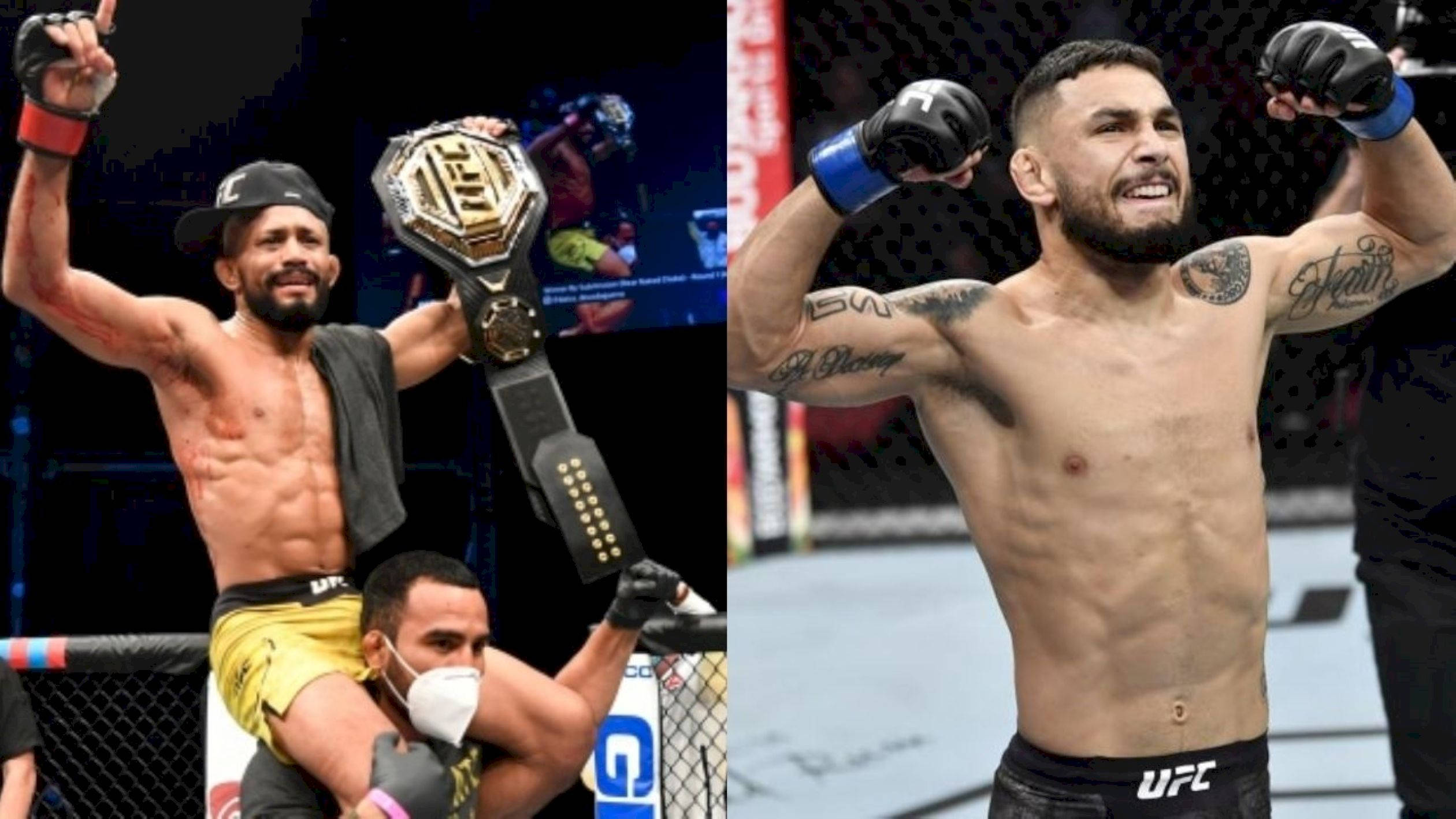 MMA 桌布 壁紙 — 兩位UFC拳手在八角籠中慶祝勝利，一人高舉冠軍腰帶，另一人則興奮地揮舞拳頭。