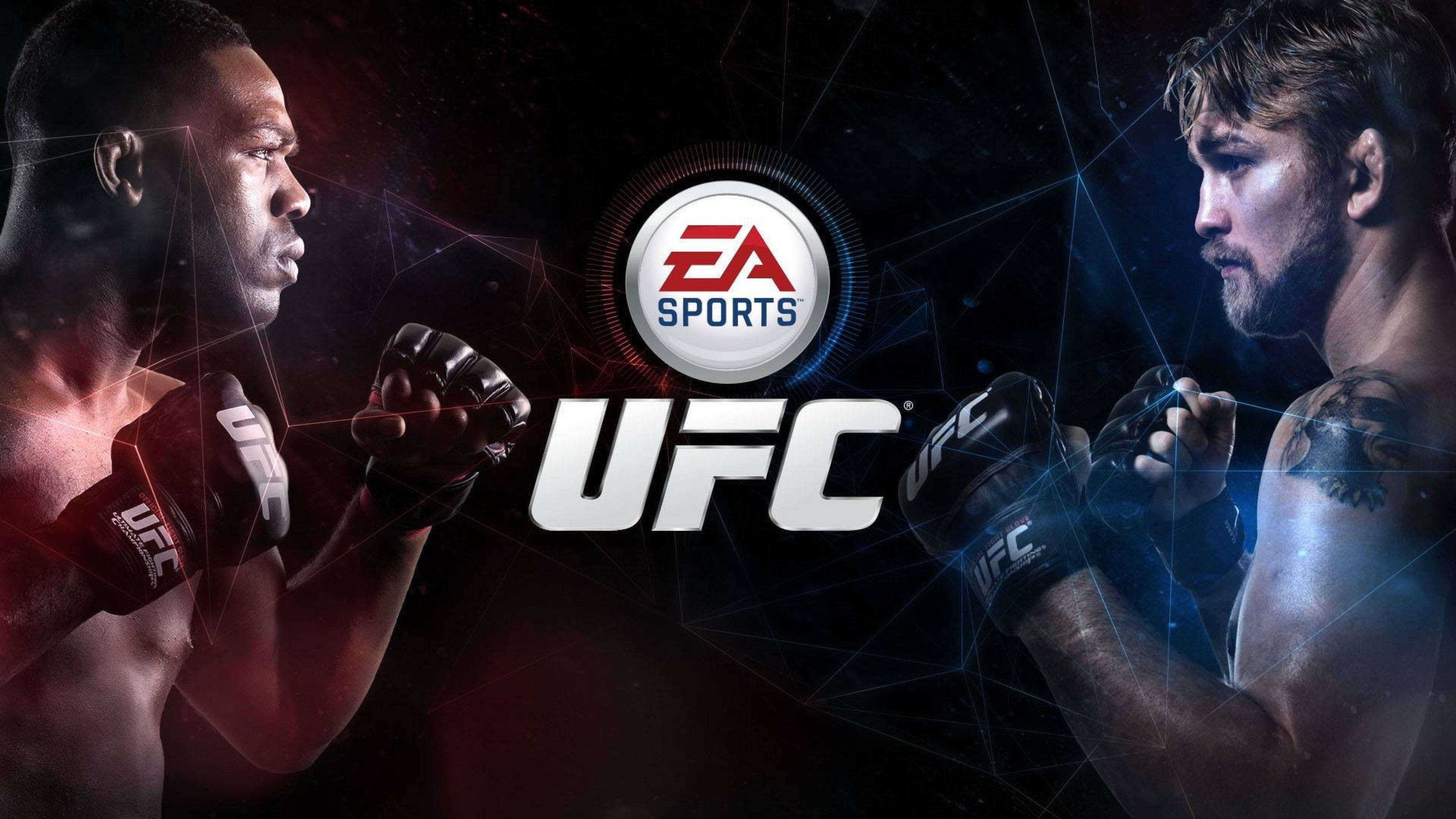UFC 桌布 壁紙 — 兩位UFC拳手在數位藝術宣傳圖片中對峙，背景為深色，帶有發光的紅色和藍色幾何線條。