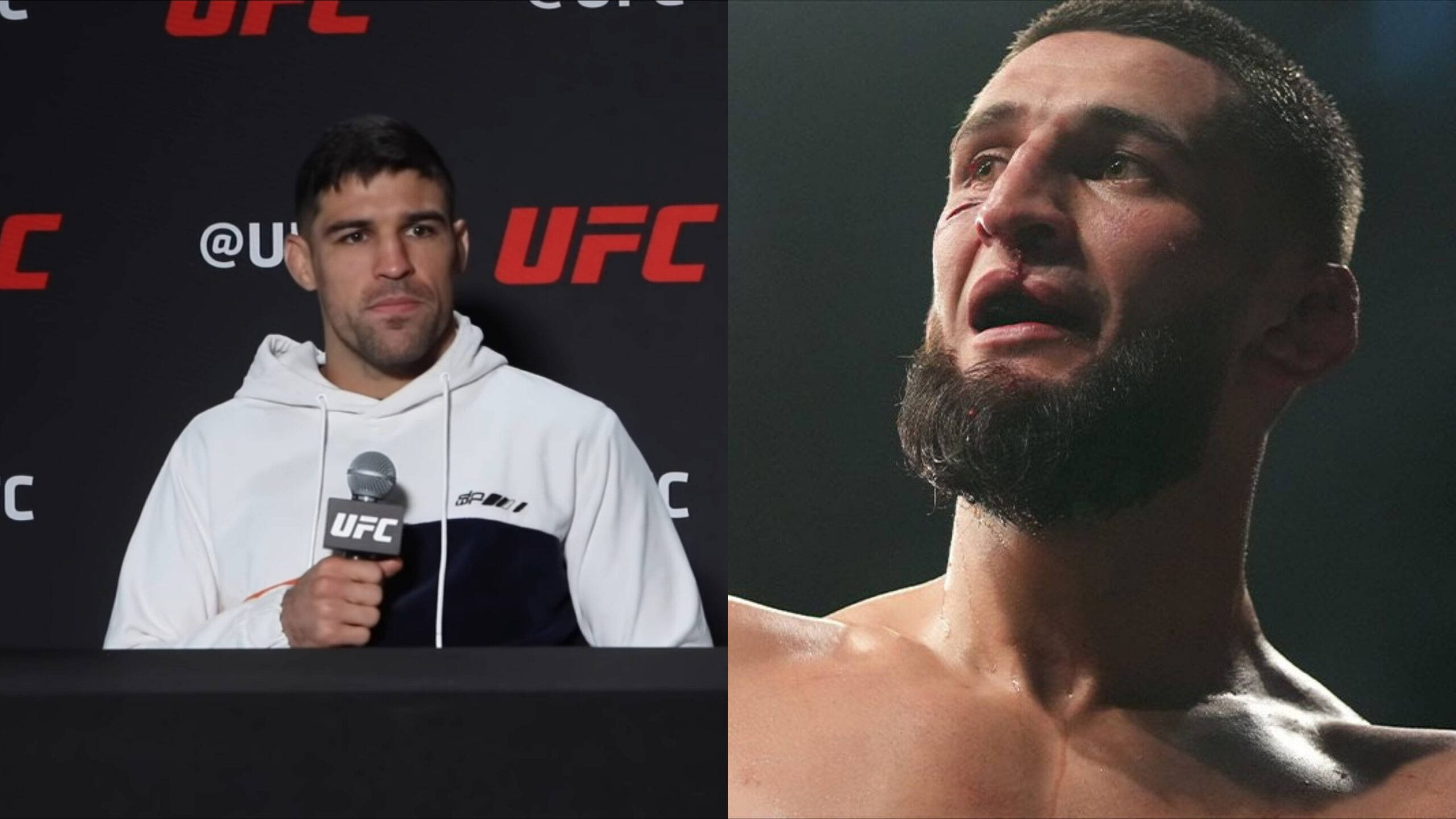 UFC 桌布 壁紙 — 兩位UFC拳手的分割畫面，一位身穿白色連帽衫手持麥克風，另一位赤裸上身表情強烈。