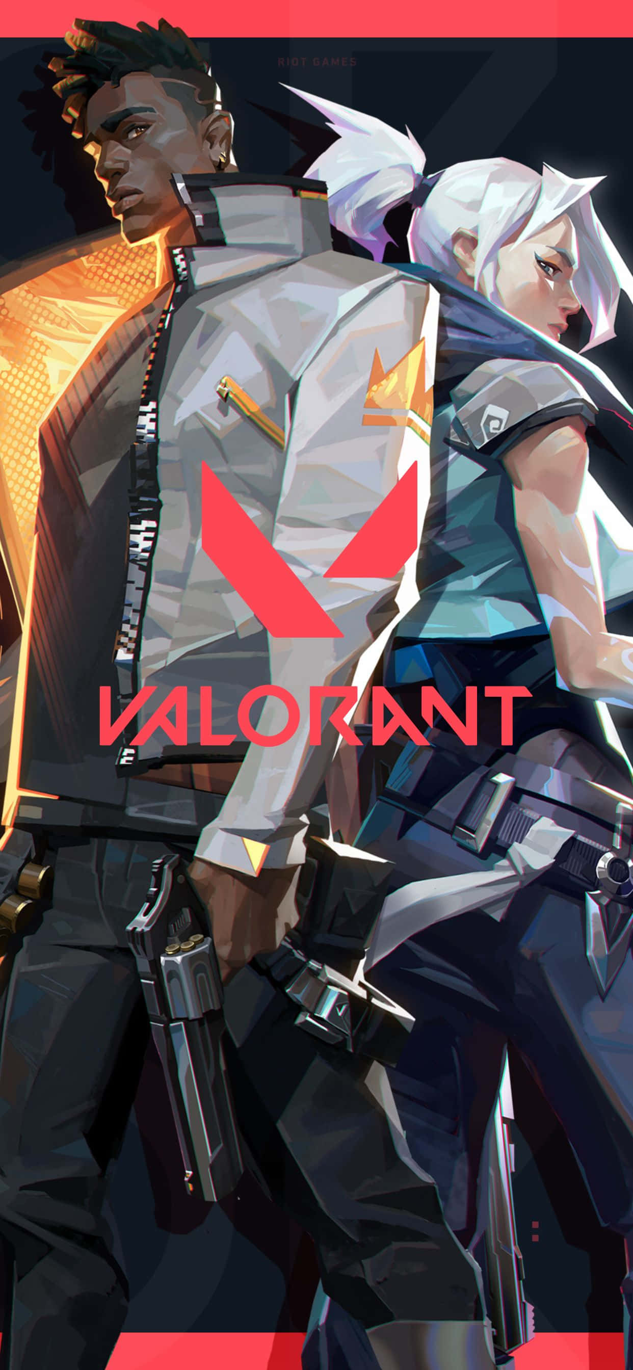 iPhone Xs Max Valorant 桌布 壁紙 — 兩位Valorant特工背對背站立，採用風格化數位藝術，帶有發光的橙色點綴和紅色標誌。