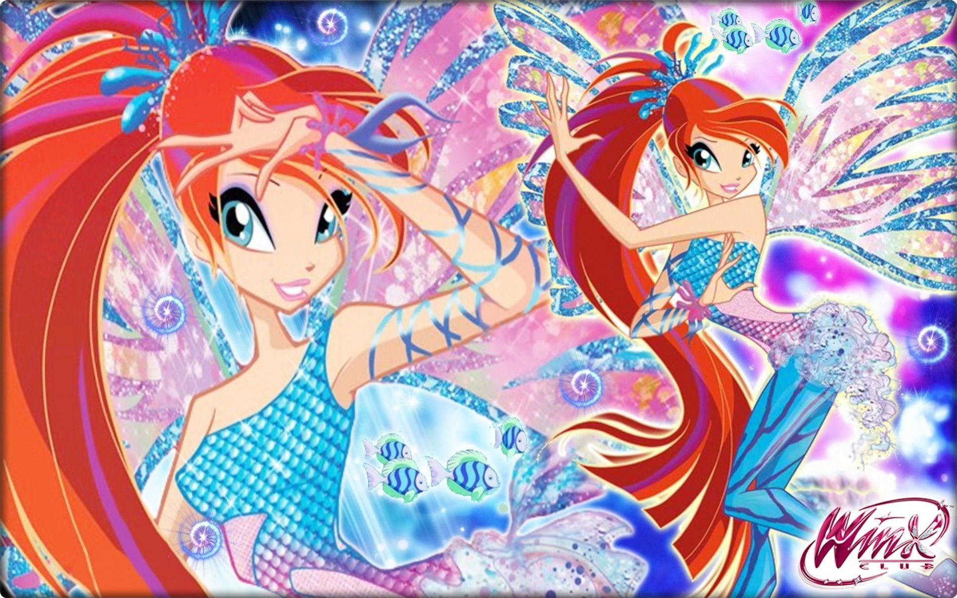 Pretty Girl Cartoon 桌布 壁紙 — 兩位Winx Club的精靈，擁有火紅的頭髮和藍色美人魚尾巴，在閃閃發光的水下魔法和發光的魚群中跳舞。