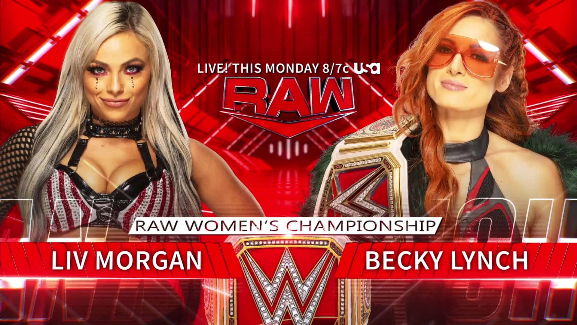WWE 桌布 壁紙 — 兩位WWE女摔角手Liv Morgan和Becky Lynch在充滿活力的紅色霓虹燈競技場背景下自信地擺姿勢，宣傳冠軍賽。
