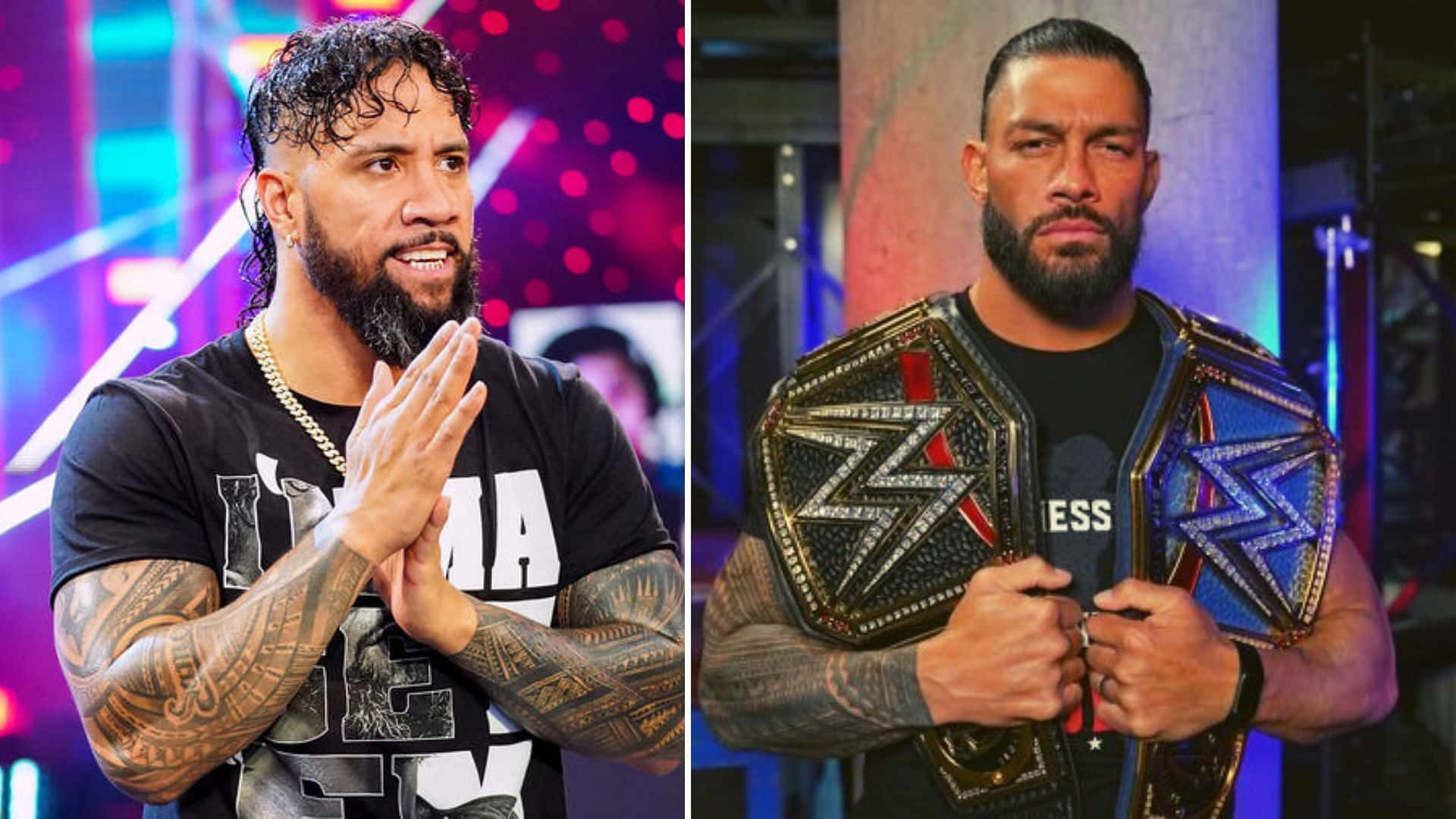 Roman Reigns 桌布 壁紙 — 兩位WWE摔角手，一位在繽紛燈光下拍手，另一位手持冠軍腰帶，表情嚴肅。