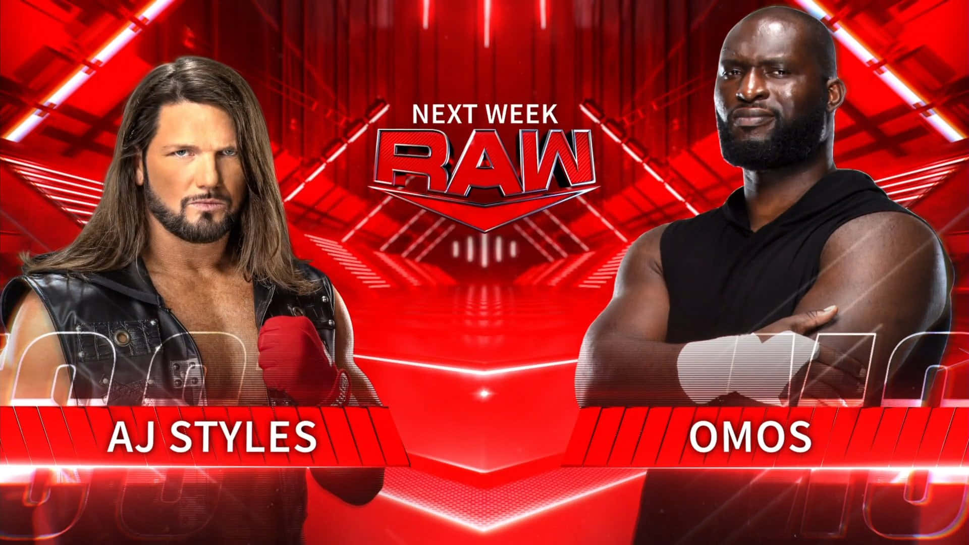 WWE 桌布 壁紙 — 兩位WWE摔角手AJ Styles和Omos自信地站在充滿活力的紅色未來風格競技場背景前，宣傳下週的RAW。
