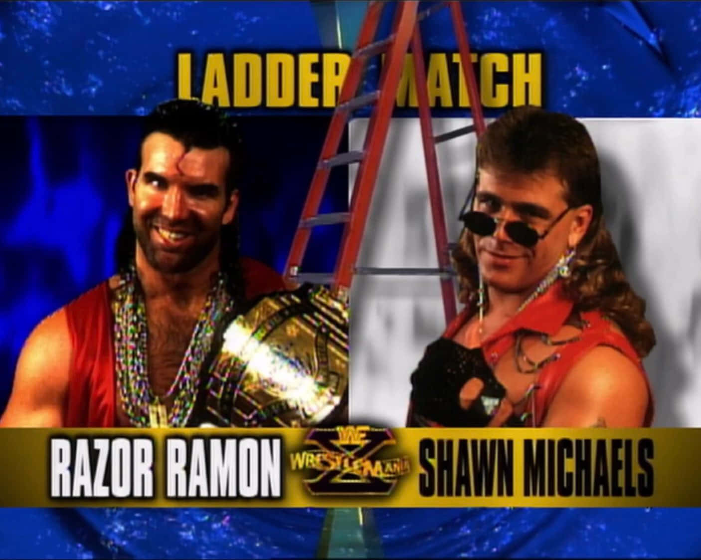 摔角 桌布 壁紙 — 兩位WWE摔角手Razor Ramon和Shawn Michaels在藍白背景下拿著梯子和冠軍腰帶擺姿勢。