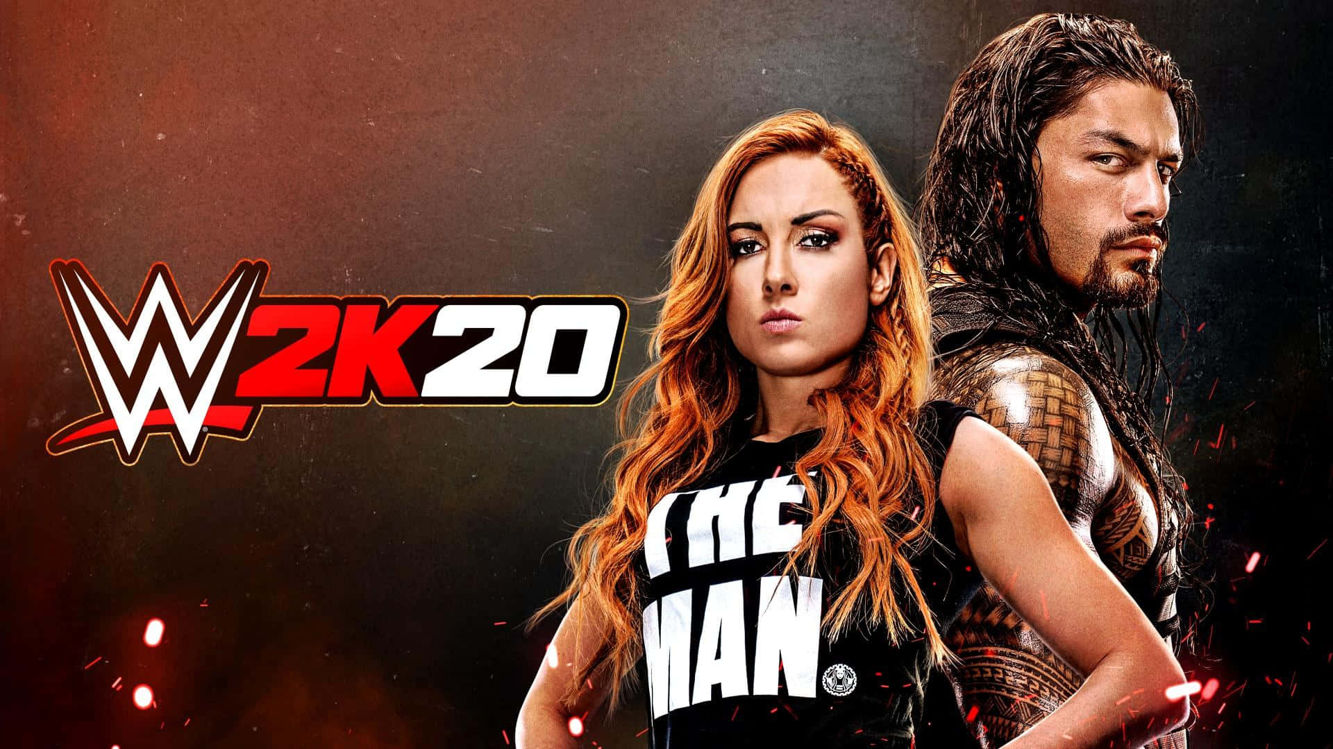 WWE 桌布 壁紙 — 兩位WWE摔角手Roman Reigns和Becky Lynch在黑暗火熱的背景前，與WWE 2K20標誌一起強烈擺姿勢。