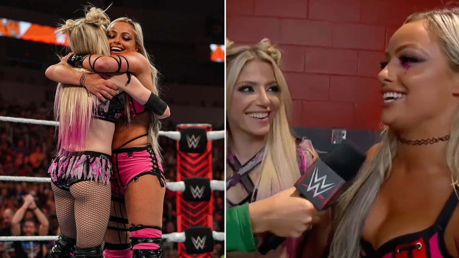 WWE 桌布 壁紙 — 兩位WWE摔角手在擂台上擁抱，另一位則在磚牆前用WWE麥克風接受訪問。