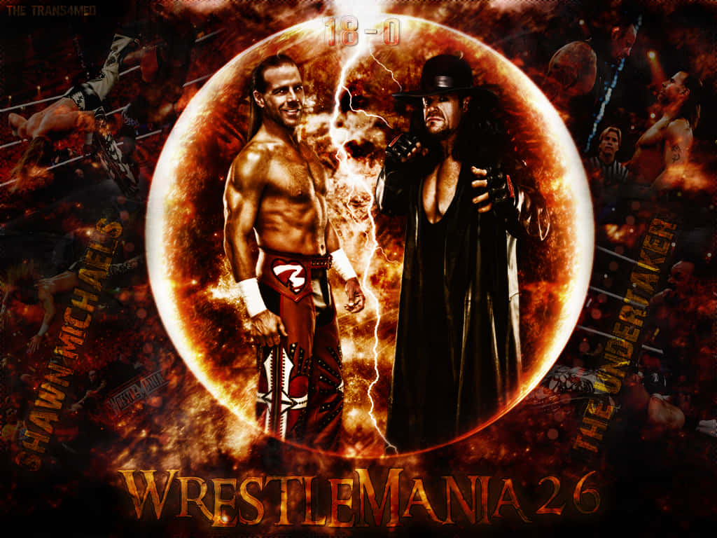 摔角 桌布 壁紙 — 兩位WWE摔角手在火焰圓形背景、閃電和WrestleMania 26文字襯托下戲劇性地對峙。