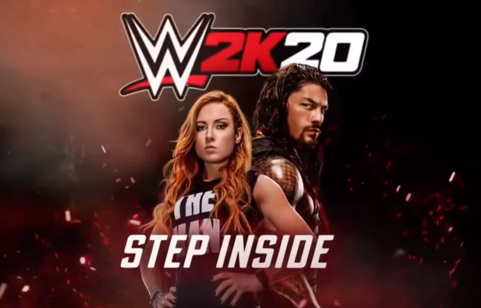 摔角 桌布 壁紙 — 兩位WWE摔角手在火紅背景前擺出強烈姿勢，帶有WWE 2K20標誌和step inside文字。