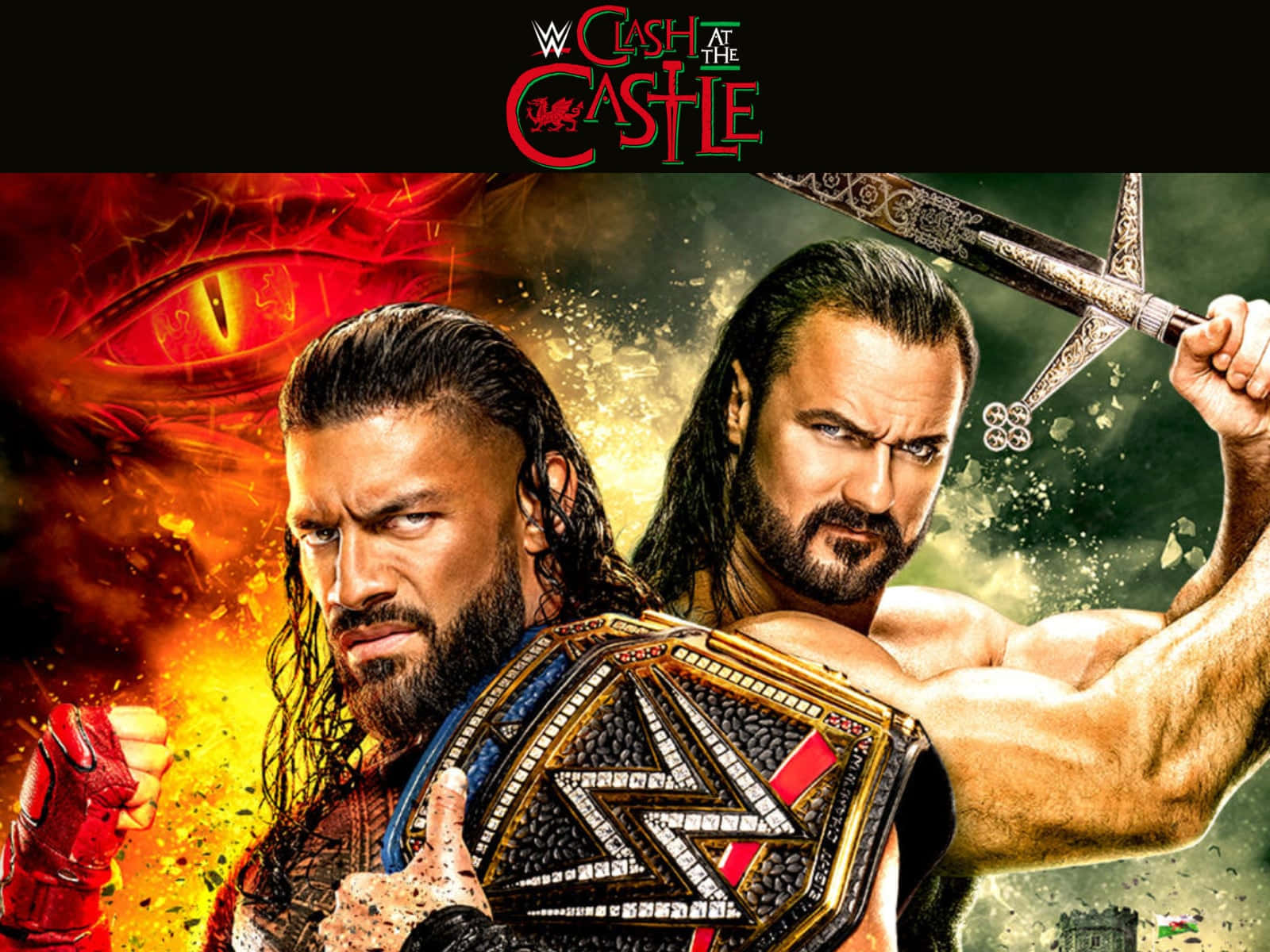 WWE 桌布 壁紙 — 兩位WWE摔角手在熾熱龍眼背景下，手持冠軍腰帶，怒目而視。