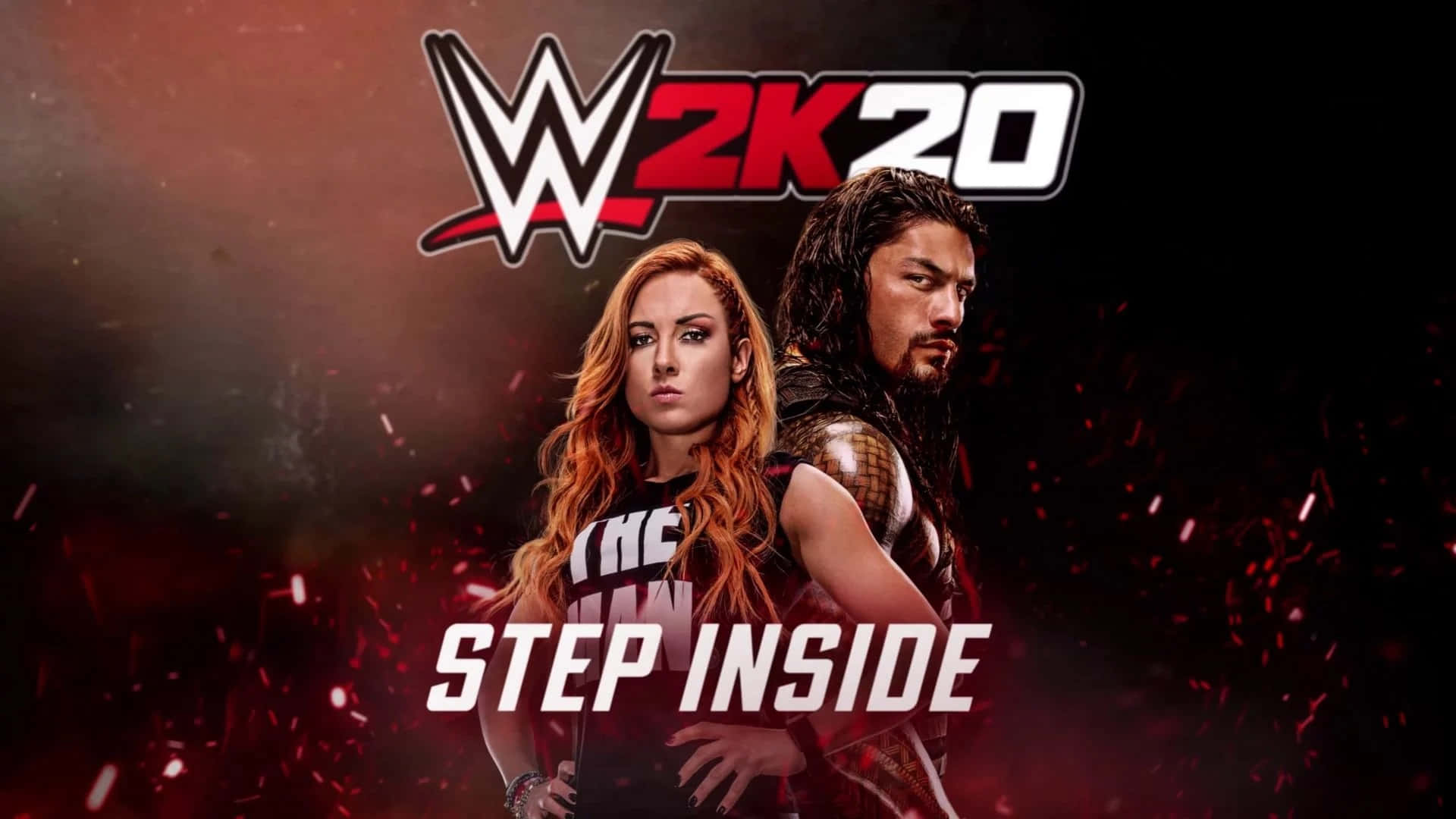 WWE 桌布 壁紙 — 兩位WWE摔角手自信地站在黑暗火熱的背景前，背景上有WWE 2K20標誌和「step inside」文字。