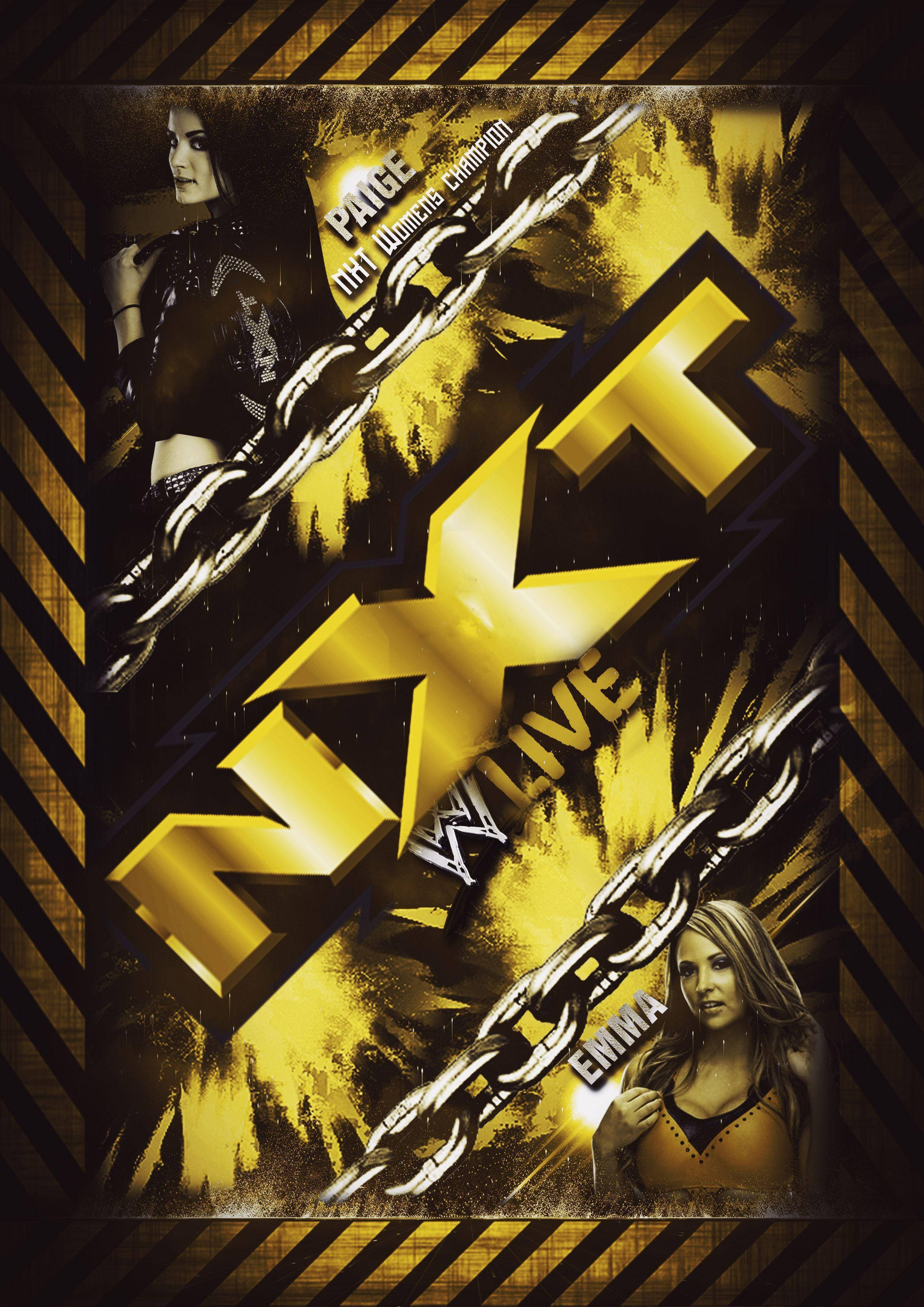 nxt 桌布 壁紙 — 兩位WWE摔角手被粗鏈條和爆炸性黃色圖形框住，宣傳NXT女子冠軍賽。