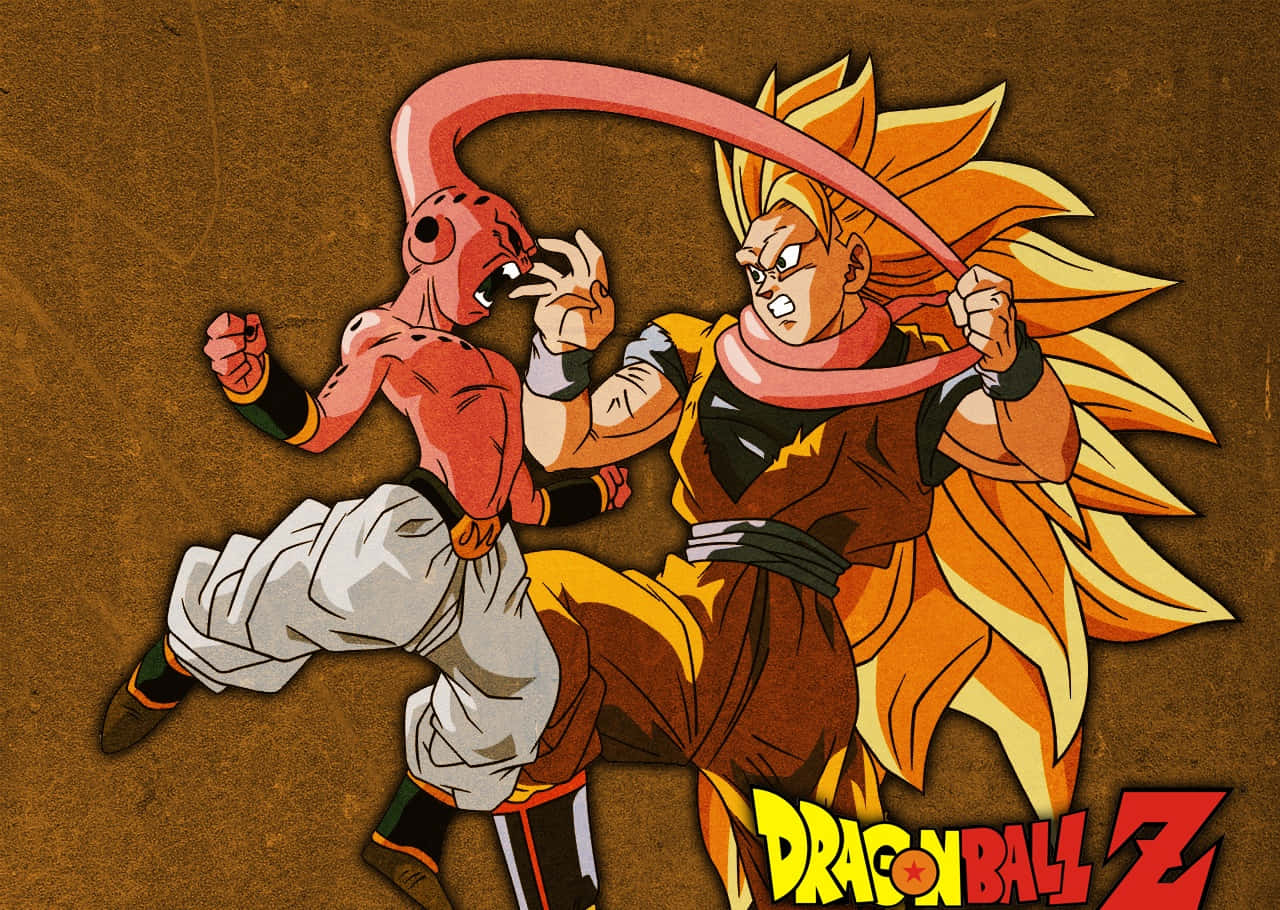 Buu Saga 桌布 壁紙 — 兩位七龍珠Z戰士在紋理棕色背景前，以火熱能量和激烈表情進行動態動畫戰鬥。
