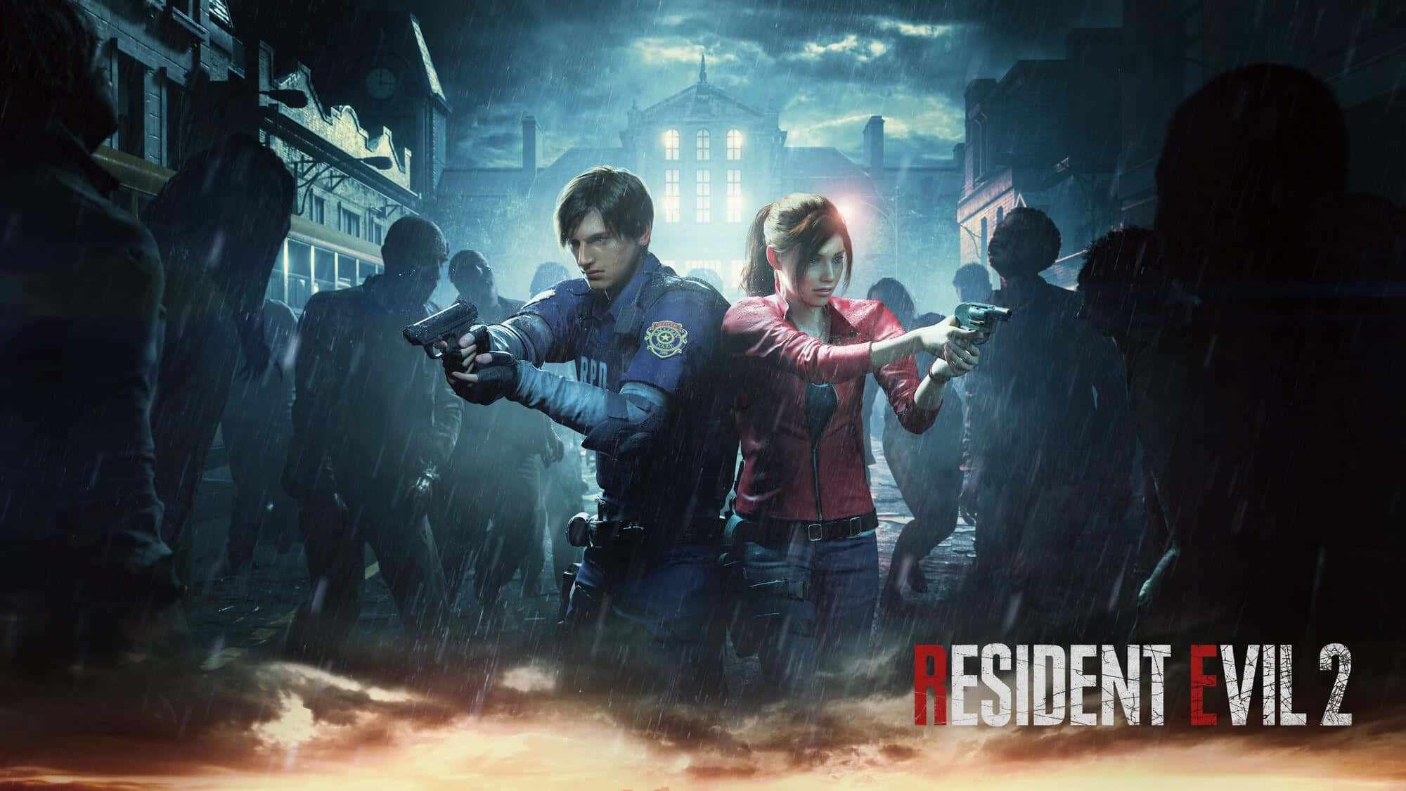 Resident Evil Revelations 2 桌布 壁紙 — 兩位主角在濕透的都市街道上背對背站立，拔出手槍，在暴風雨的天空下被陰影般的殭屍包圍。
