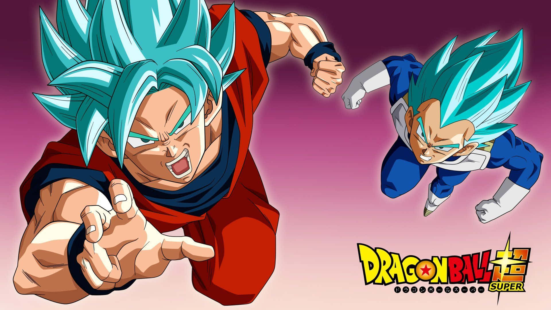 Goku And Vegeta 桌布 壁紙 — 兩位來自《七龍珠超》的超級賽亞人藍戰士在半空中激烈碰撞，表情強烈，背景為紫色漸層。