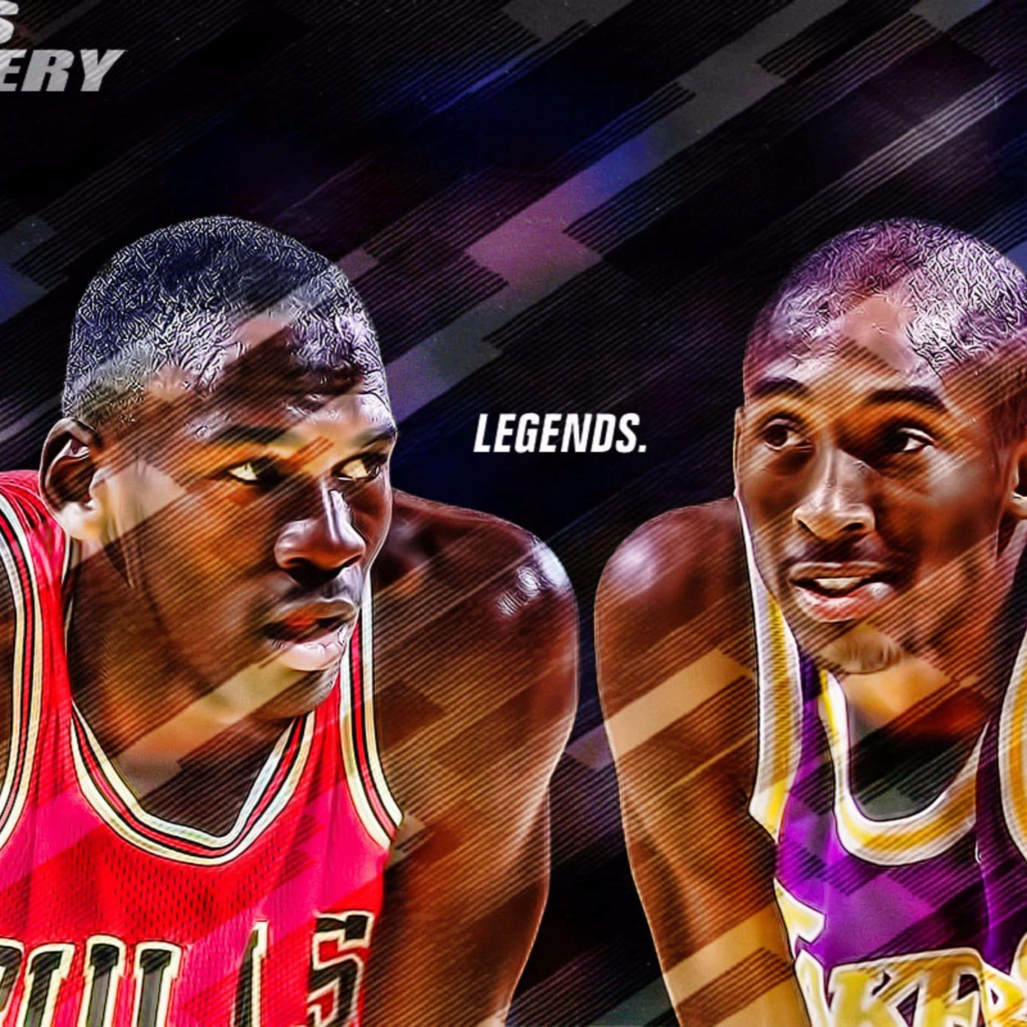 Jordan And Kobe 桌布 壁紙 — 兩位傳奇籃球偶像麥可喬登和柯比布萊恩在一個動態抽象背景前，帶有LEGENDS字樣，凝視著。