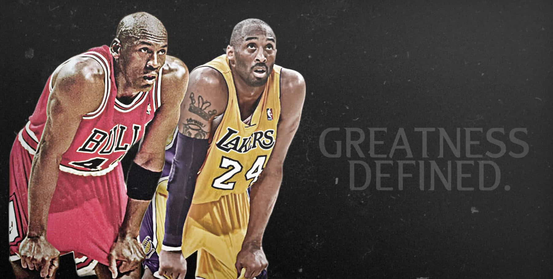 Kobe Bryant And Michael Jordan 桌布 壁紙 — 兩位傳奇籃球偶像麥可喬登和柯比布萊恩在深色紋理背景上擺出動作姿勢，並帶有文字 greatness defined。