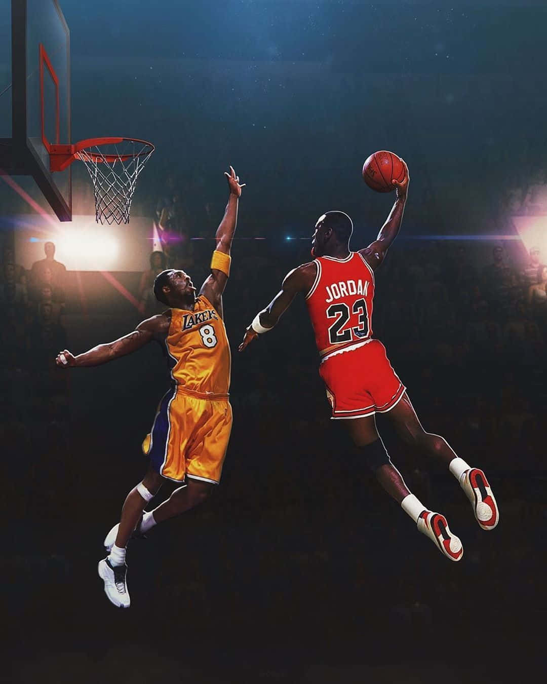 Jordan And Kobe 桌布 壁紙 — 兩位傳奇籃球運動員在明亮的場館燈光下，於一場激烈的比賽中躍起空中。