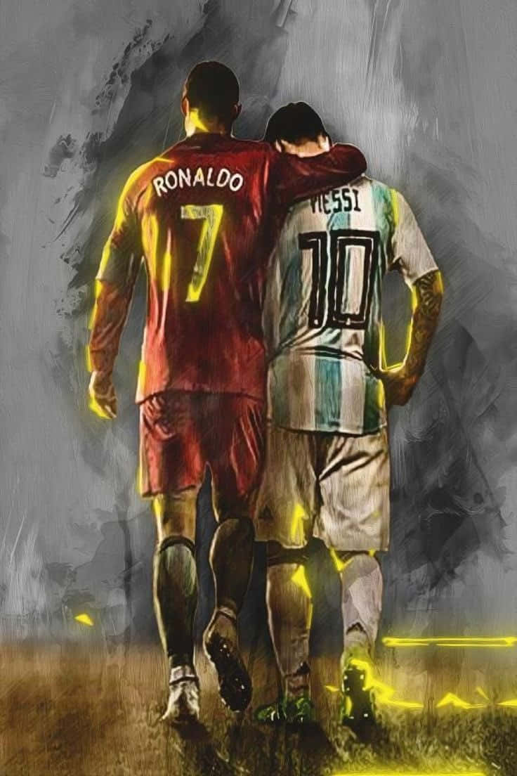 Messi And Ronaldo 4K 桌布 壁紙 — 兩位傳奇足球員羅納度與梅西以戲劇性的繪畫風格，伴隨發光的黃色點綴，一起走開。