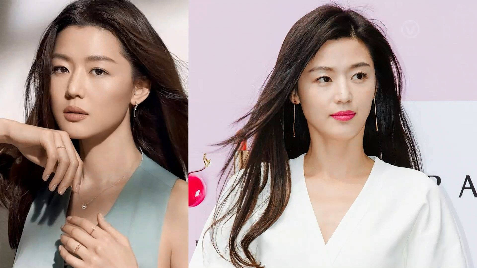 Jun Ji Hyun 桌布 壁紙 — 兩位優雅的亞洲女性，長長的黑髮，在工作室肖像中擺姿勢，一位穿著青綠色上衣，另一位穿著白色衣服，塗著粉紅色口紅。