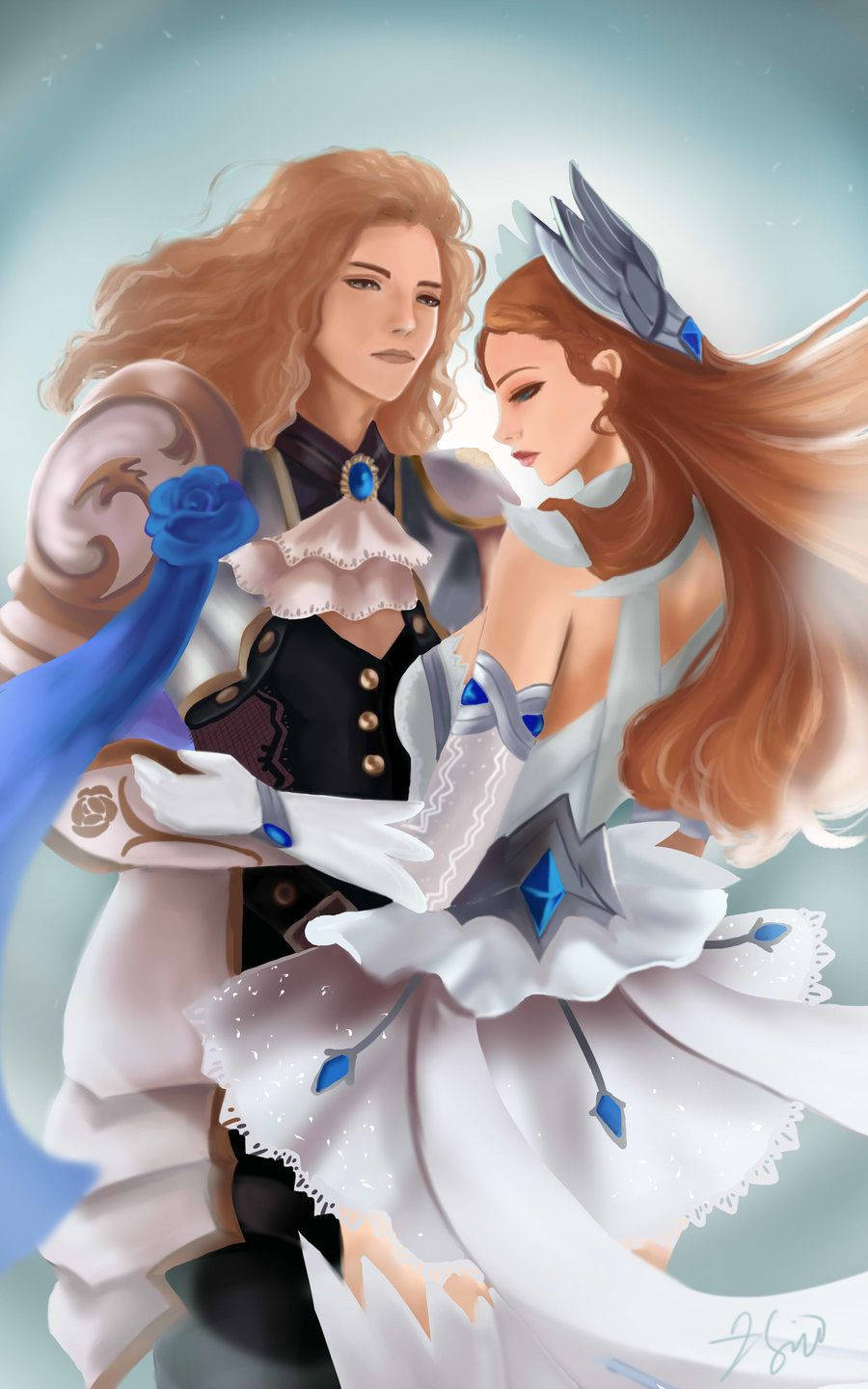 Mobile Legends 動態圖 桌布 壁紙 — 兩位優雅的奇幻女性，擁有飄逸的赤褐色頭髮，在柔和的藍色和白色空靈光芒中擁抱。
