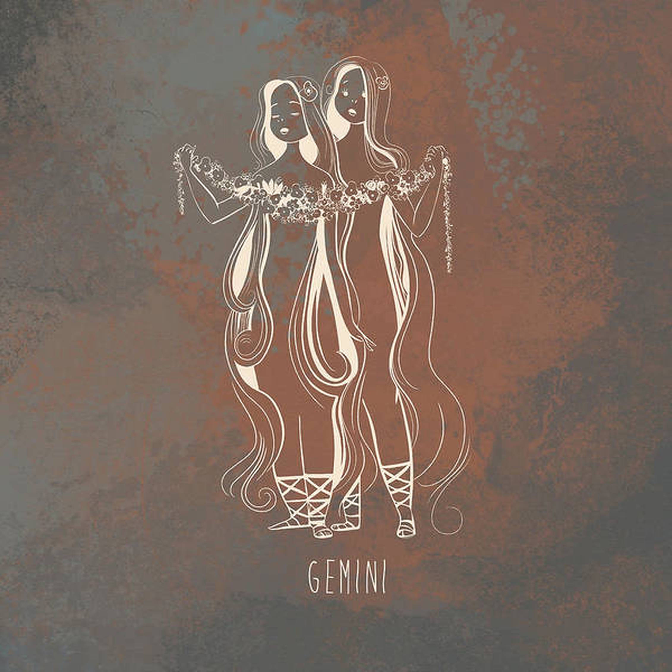 gemini 桌布 壁紙 — 兩位優雅的雙子女神身穿飄逸白袍，並排站在帶有紋理的鏽色和灰色背景前。