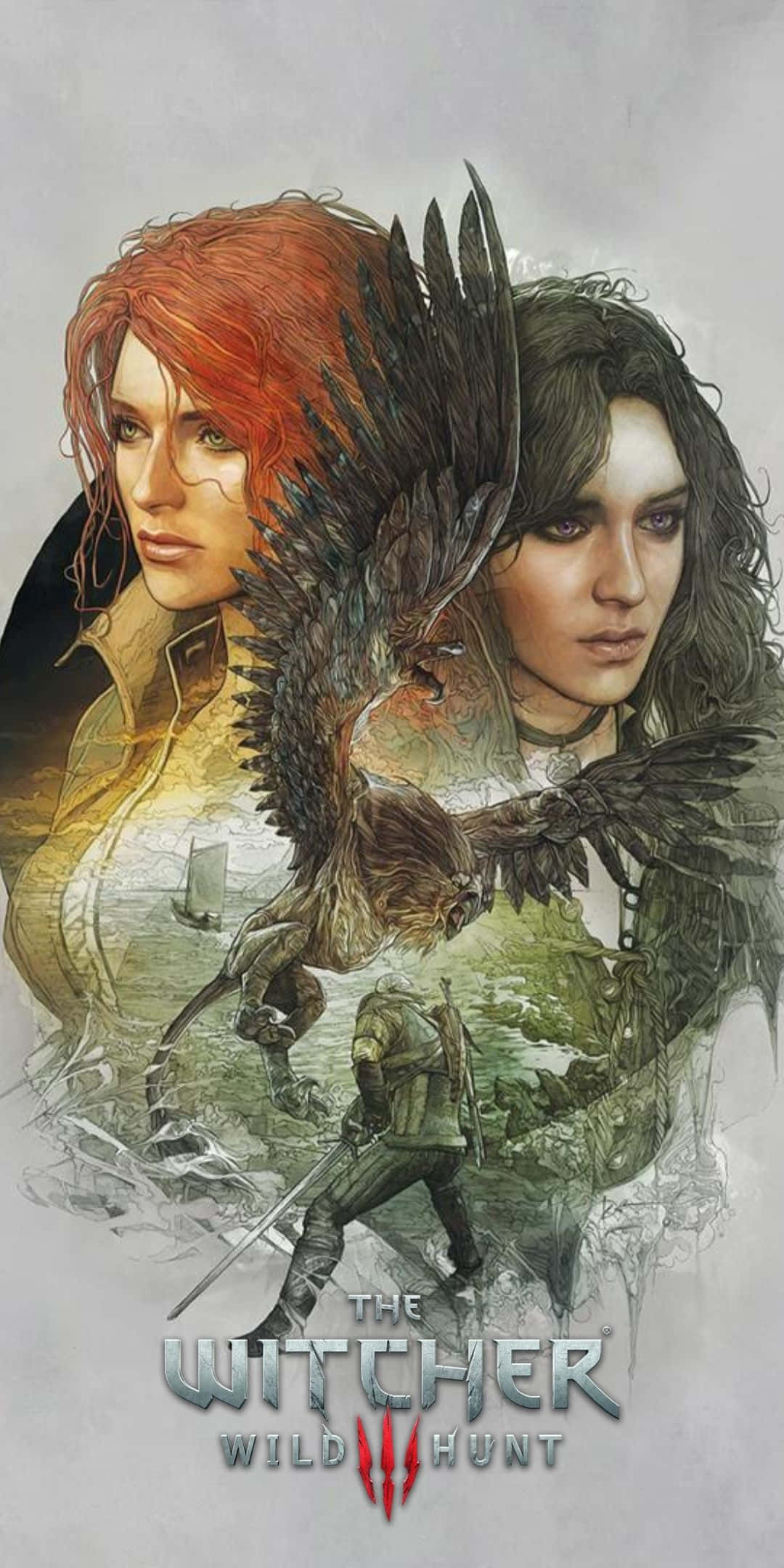 Pixel 3 The Witcher 3 桌布 壁紙 — 兩位兇猛女性夾著一位中央戰士，戰士帶有一隻鳥類生物，這是《巫師3》的粗獷奇幻插圖。