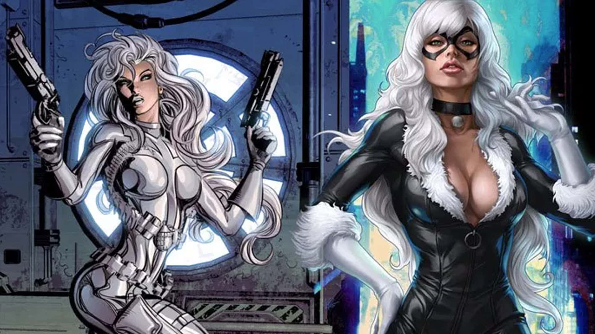 Silver Sable 桌布 壁紙 — 兩位兇猛的白髮女性超級英雄，一位身穿銀色盔甲手持槍械，另一位身穿黑色皮革搭配毛皮裝飾，站在未來風格的場景中。