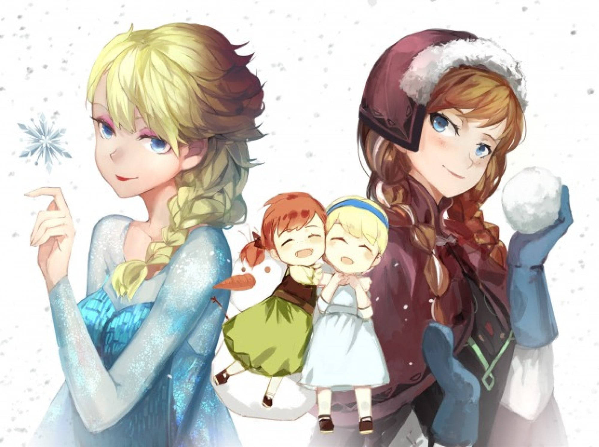 anna 桌布 壁紙 — 兩位公主和兩個孩子在飄落的雪中快樂地玩耍，使用冰魔法和雪球。