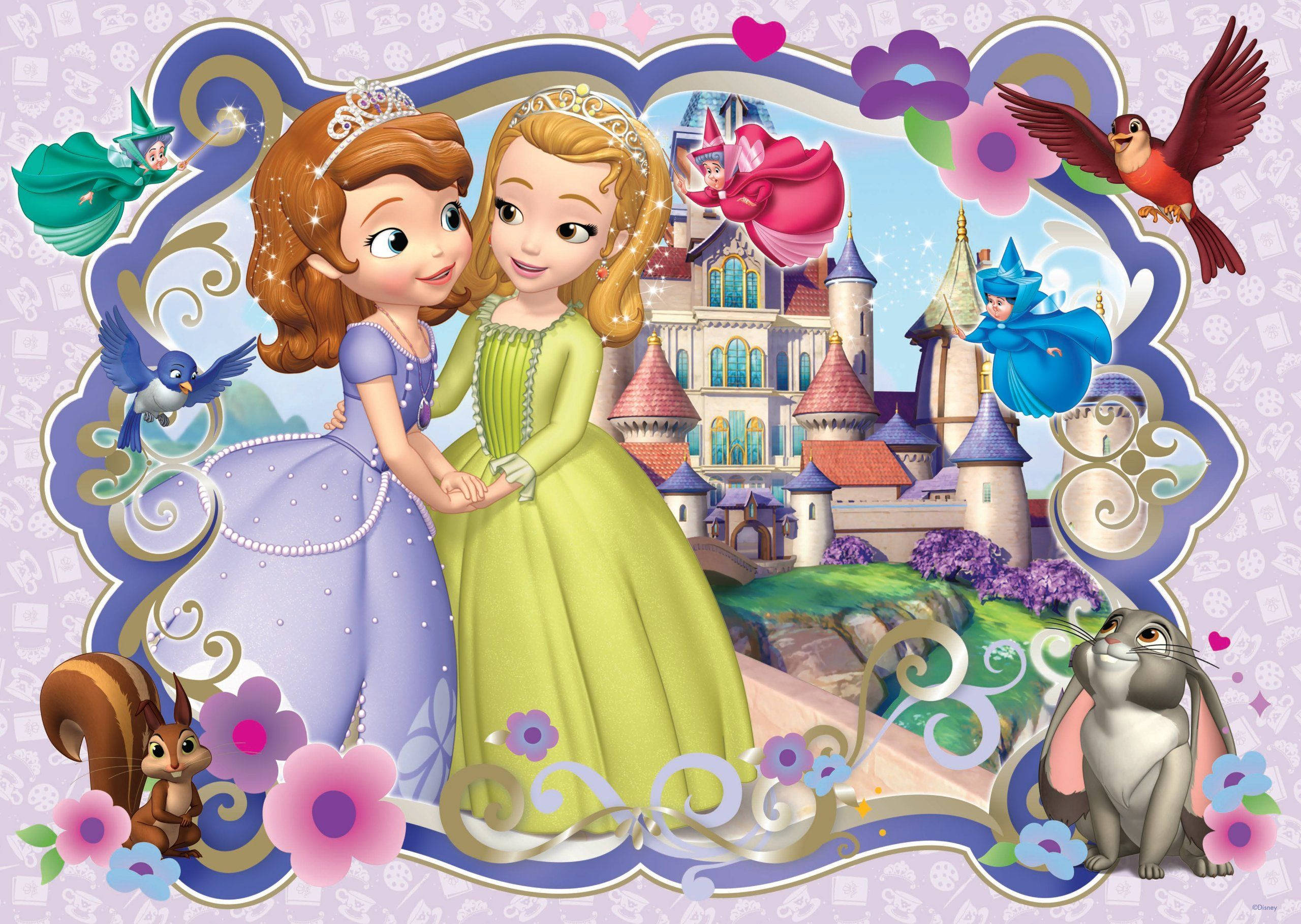 Princess 桌布 壁紙 — 兩位公主穿著色彩繽紛的禮服，在城堡前手牽手，周圍有飛翔的仙女和動物，構成一個奇思妙想的插圖場景。