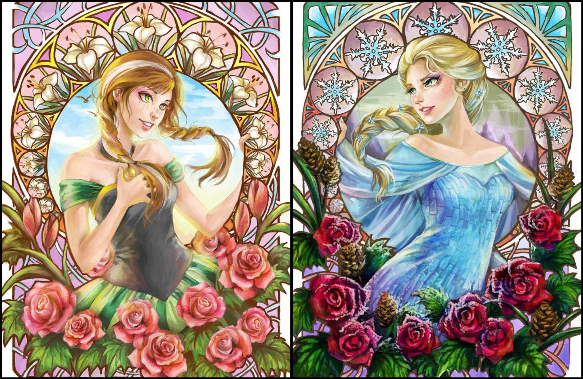 anna 桌布 壁紙 — 兩位公主鑲嵌在彩色玻璃窗中，周圍環繞著玫瑰和雪花，色彩鮮豔。