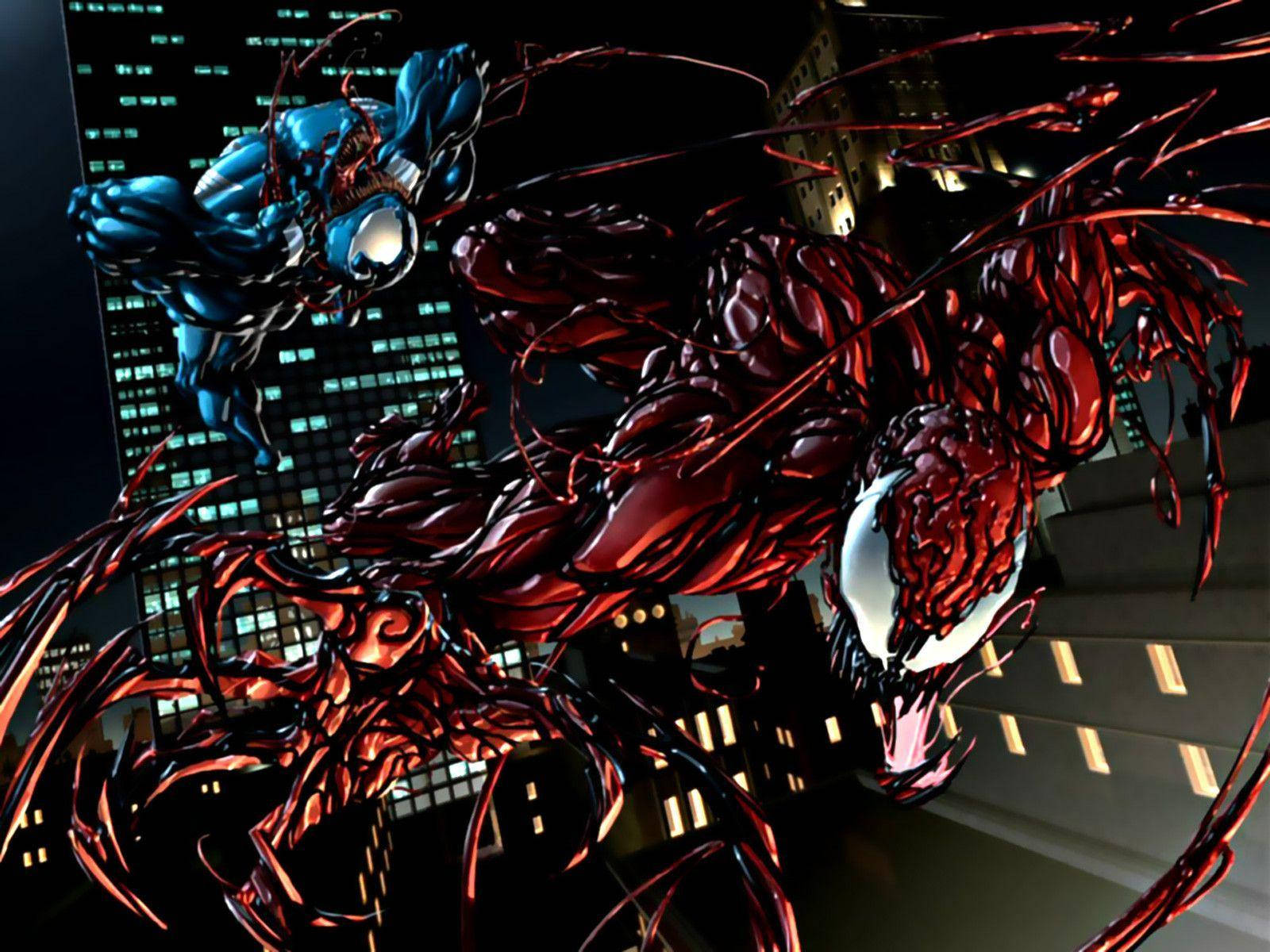 Venom Carnage 桌布 壁紙 — 兩位共生體英雄猛毒和屠殺在戲劇性的夜間城市景觀中碰撞，身後是發光的摩天大樓。