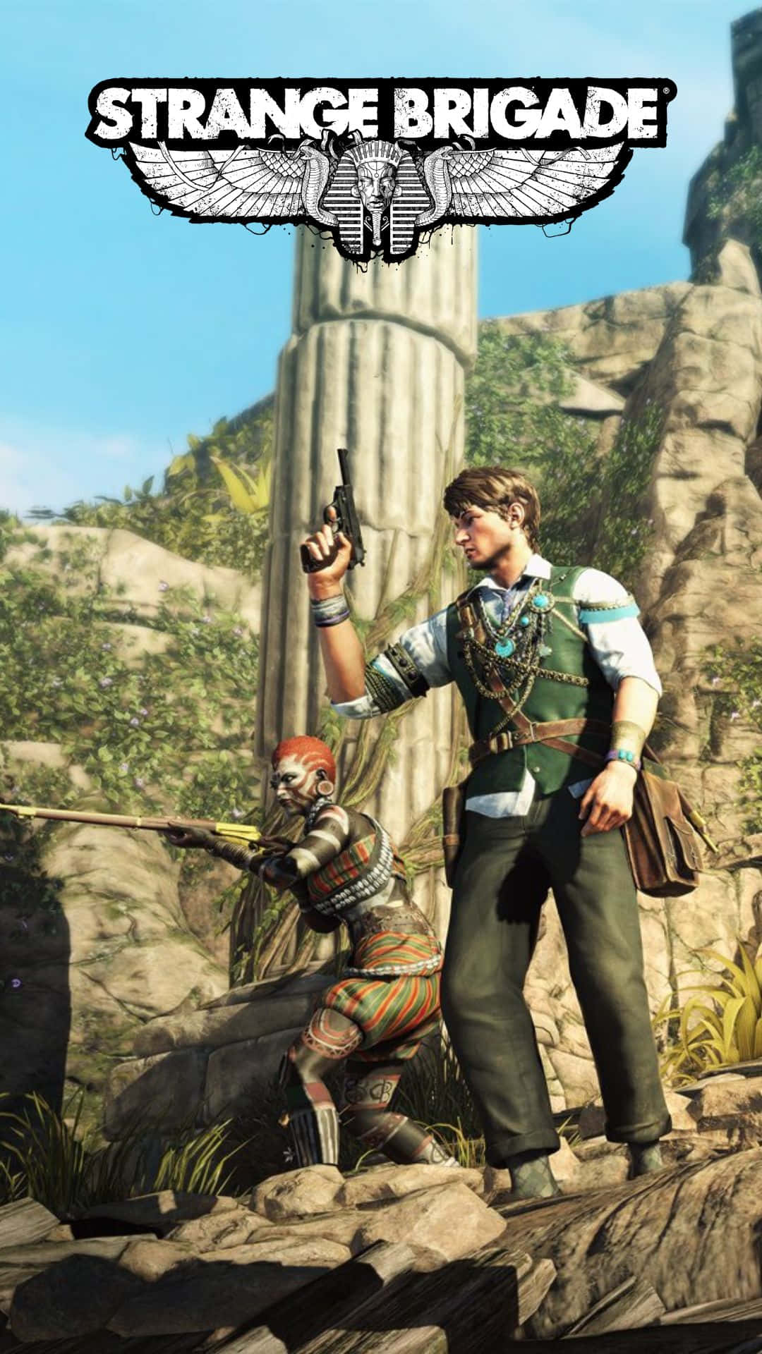 Android Strange Brigade 桌布 壁紙 — 兩位冒險家在古代遺跡中，一人在明亮日光下瞄準手槍，另一人瞄準步槍。