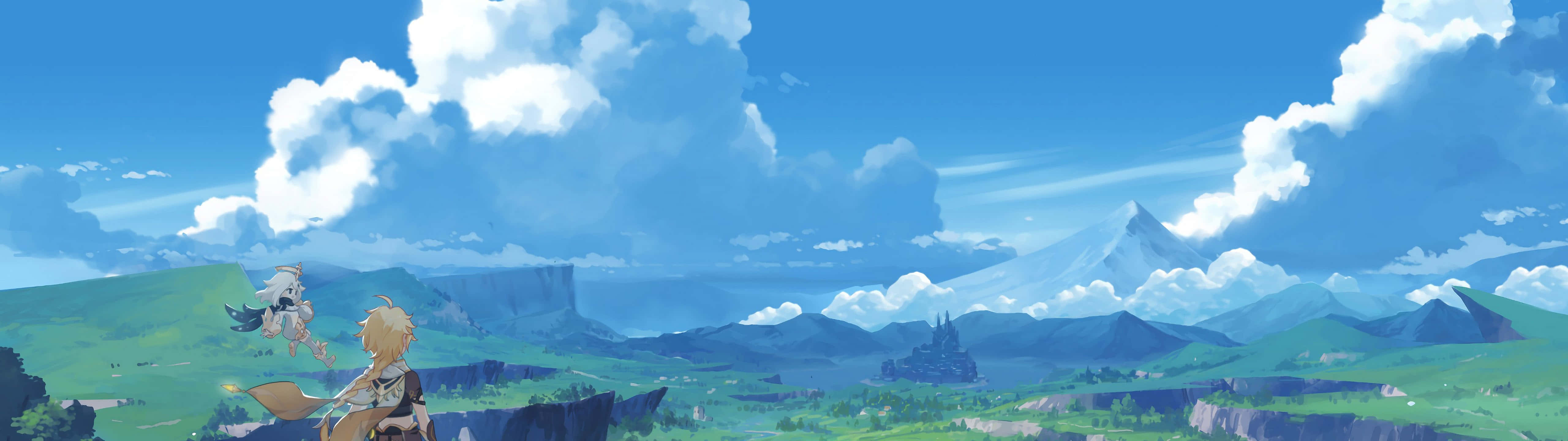 5120x1440 Dual Screen 桌布 壁紙 — 兩位冒險家在明亮的藍天下探索廣闊的綠色山谷，天空中有蓬鬆的雲朵和遠山。